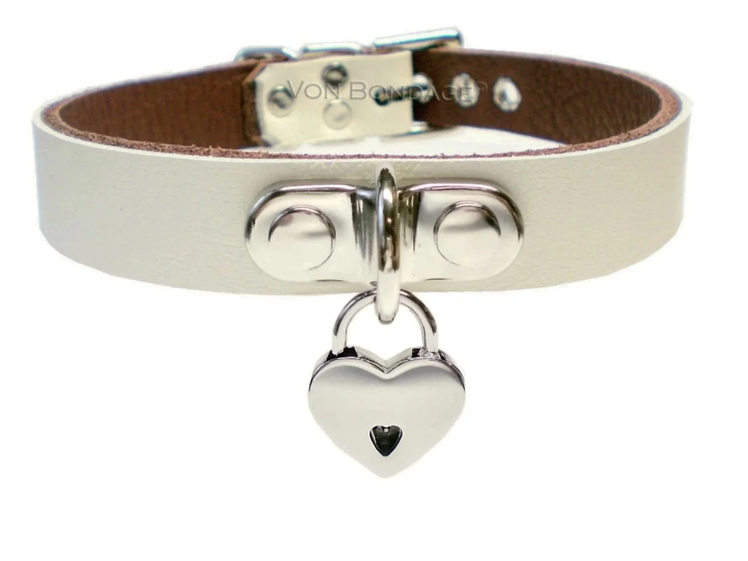 White Leather BDSM Collar with Plated D-ring and small silver heart padlock