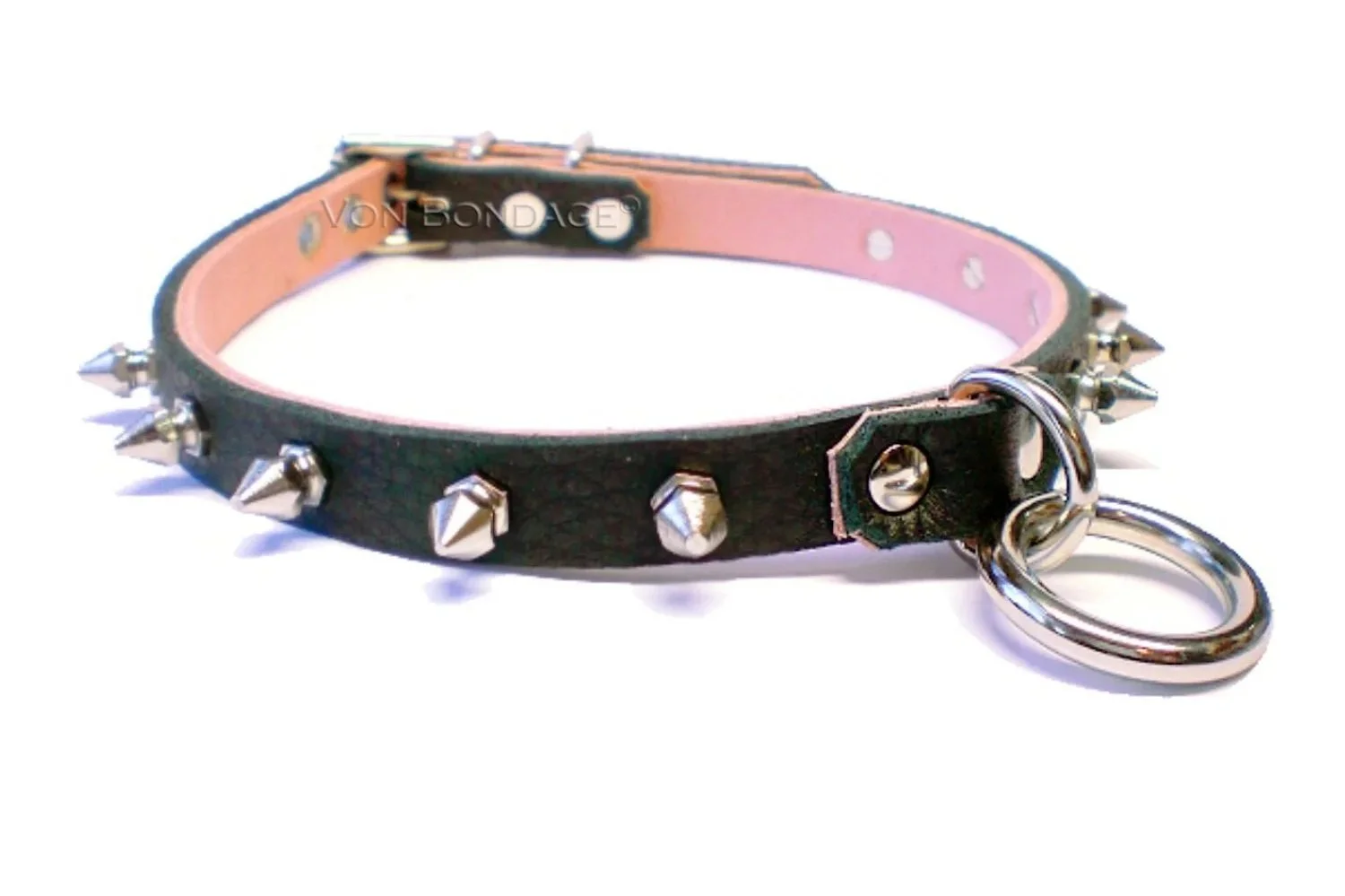 Black & Pink Leather BDSM Kink Collar with D&O Ring & Spikes