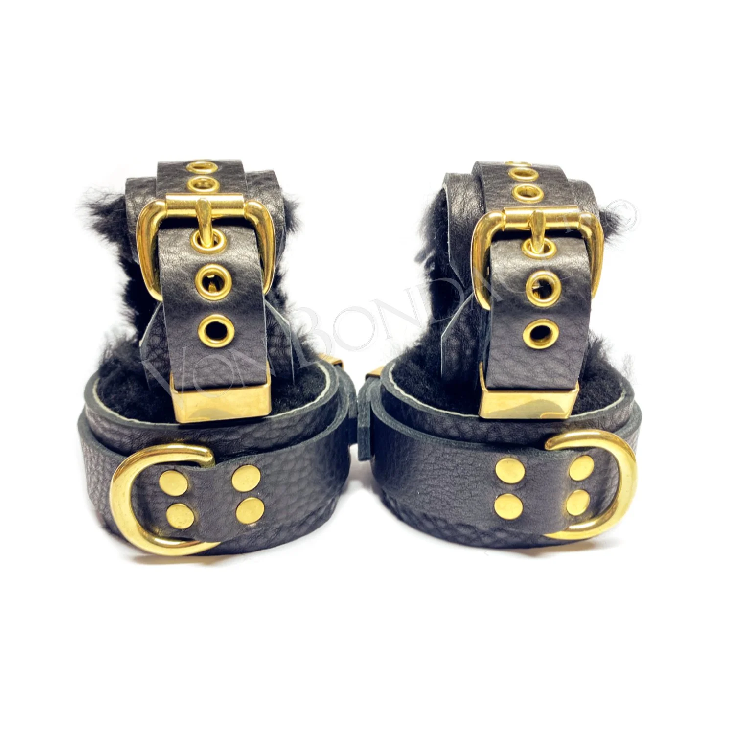 Black Wrist &amp; Ankle BDSM Restraints with solid brass hardware lined in Black Sheepskin fur