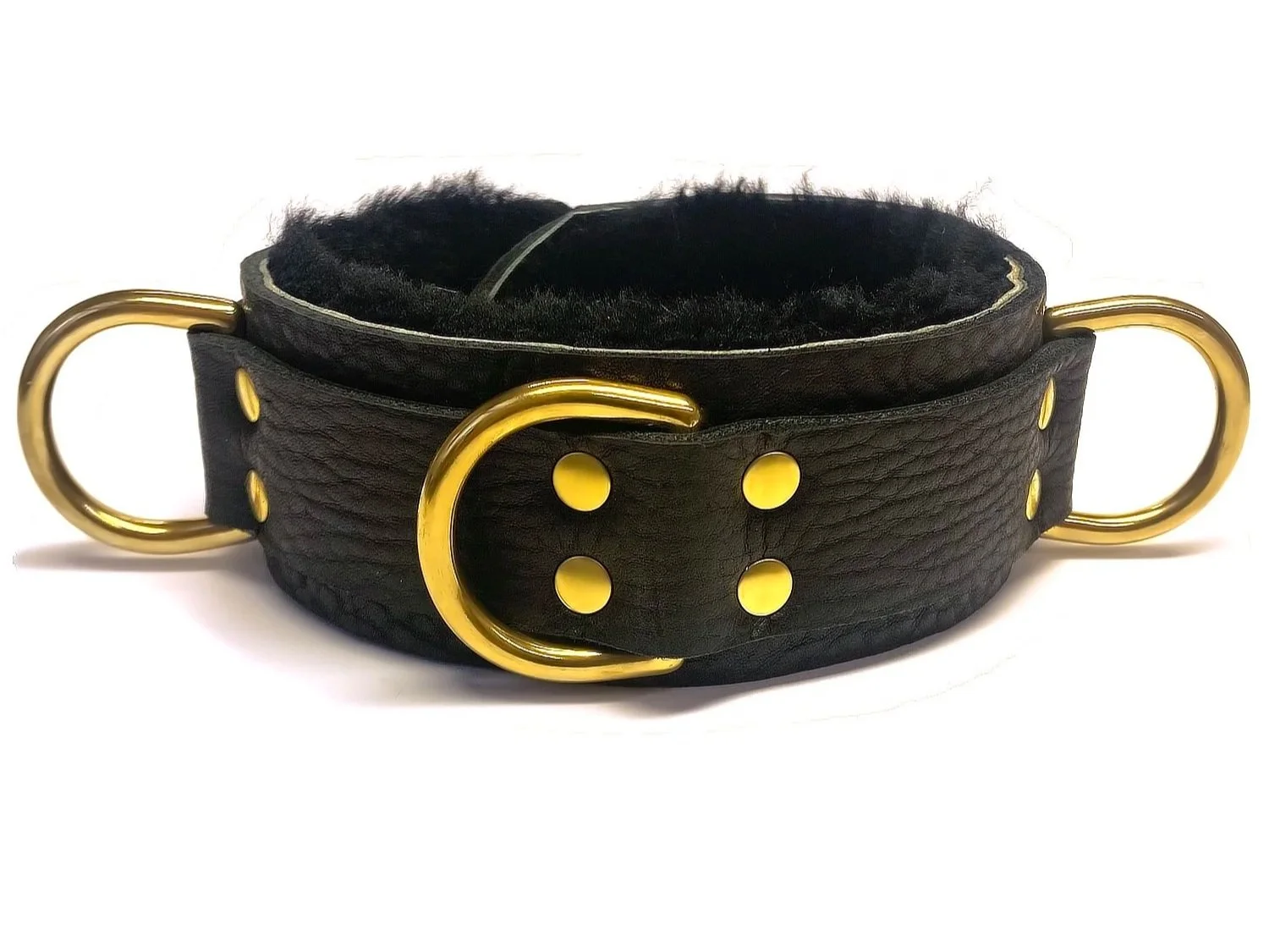 Bullhide Leather Bondage Collar lined in Black Sheepskin Fur with 3 Brass D Rings