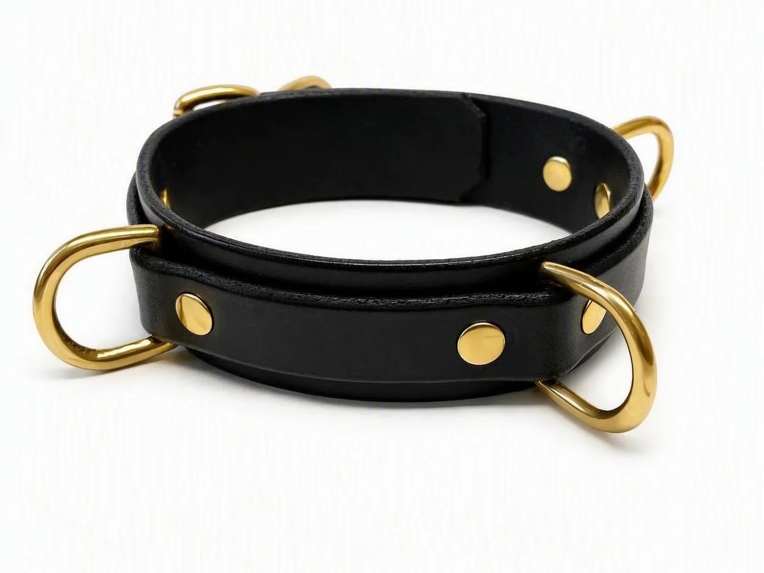 Black Latigo Leather BDSM Collar with 3 Brass D-rings