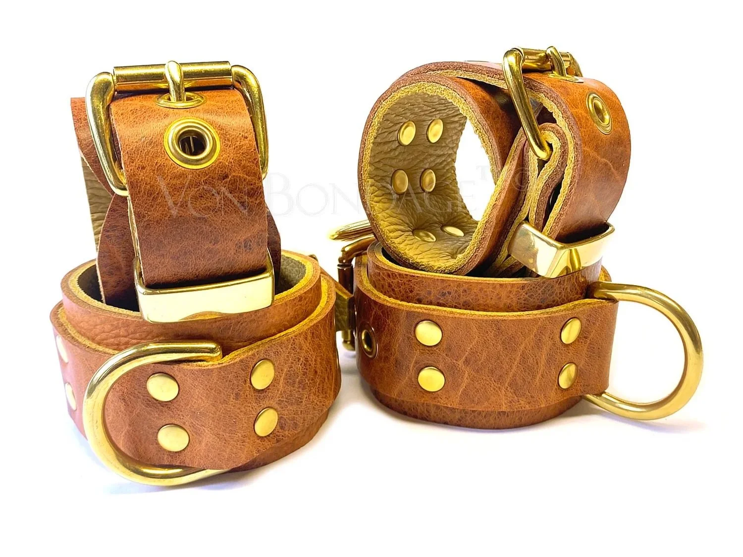 Whiskey Leather Bondage Restraints Set Large Brass Dee Rings lined in Buttercream