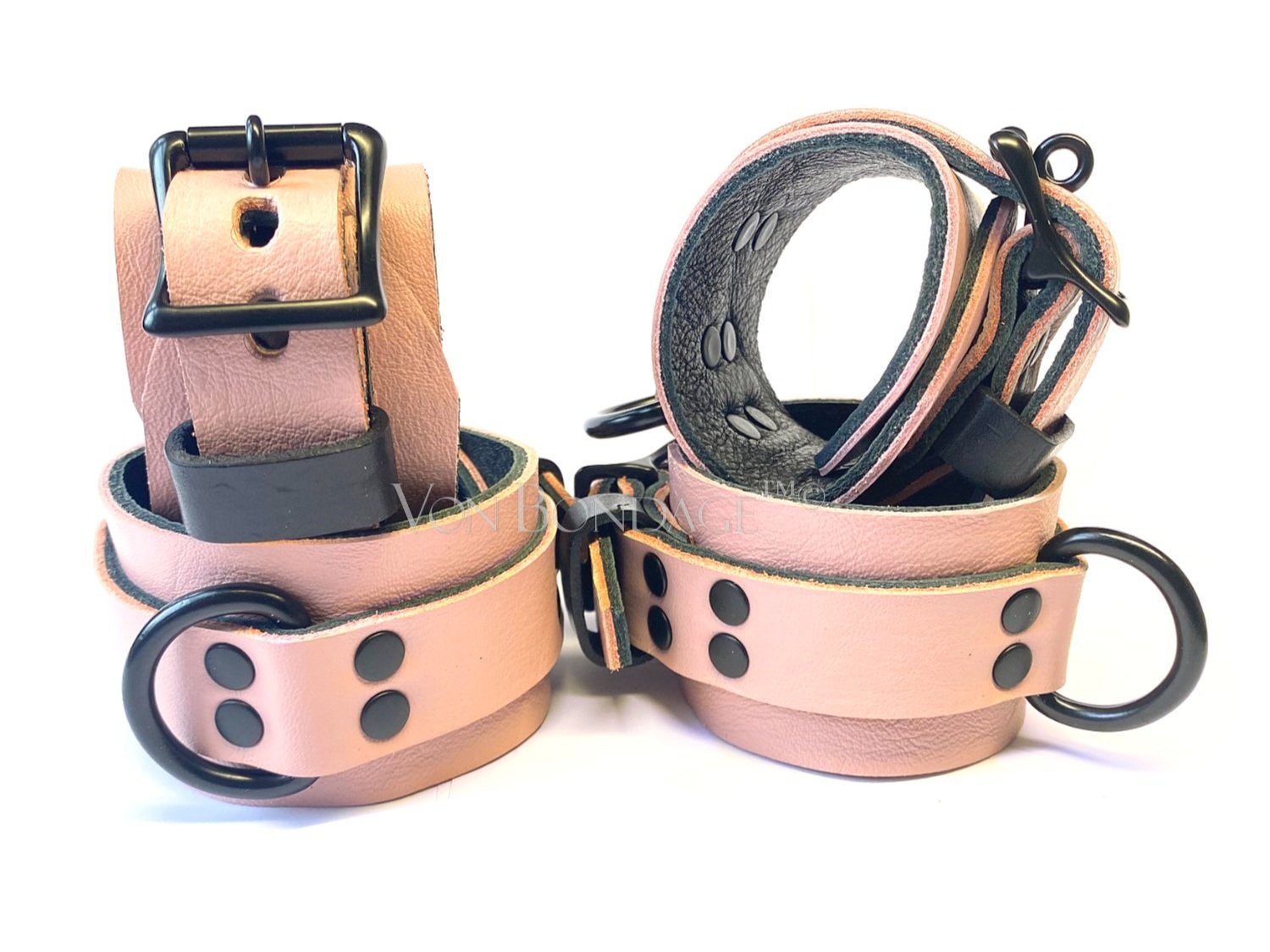 Wrist & Ankle Restraints Set | Pink Leather | Black Steel
