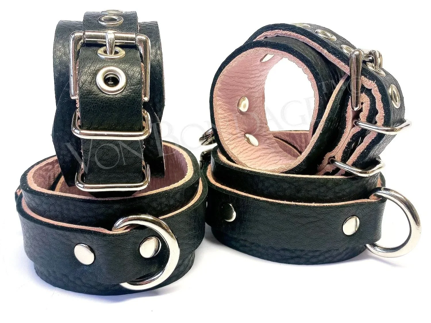 Restraints Set for Wrists & Ankles in Black and Pink Leather