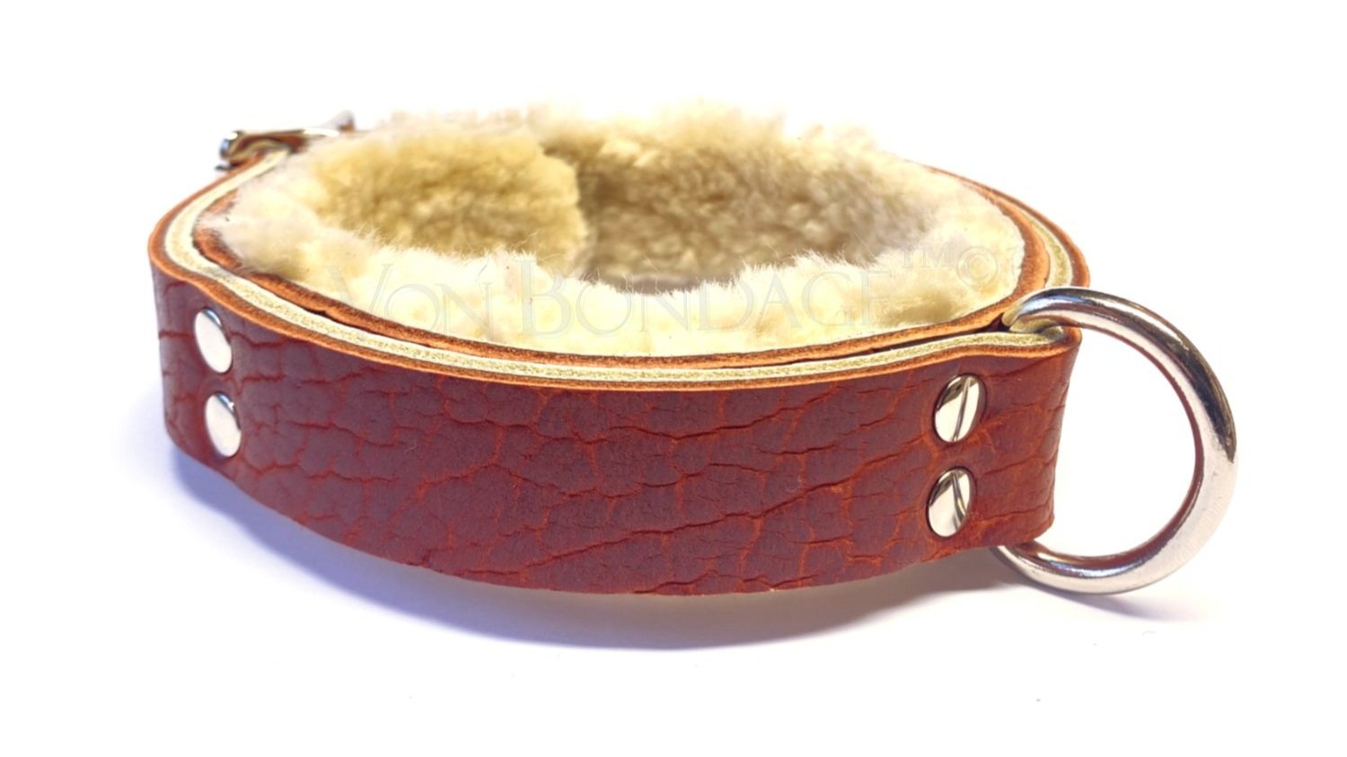 Brown & Cream Narrow Fur-lined slave Collar with Strong Dee Ring
