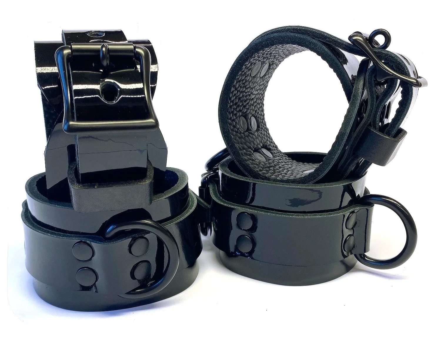 Black Patent Leather Wrist & Ankle Restraints Set with Black D-rings