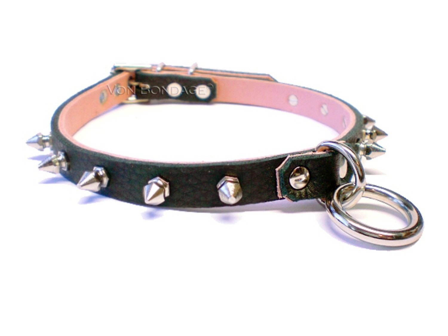 Soft Black and Pink BDSM Day Collar with Ring & Spikes pink lining