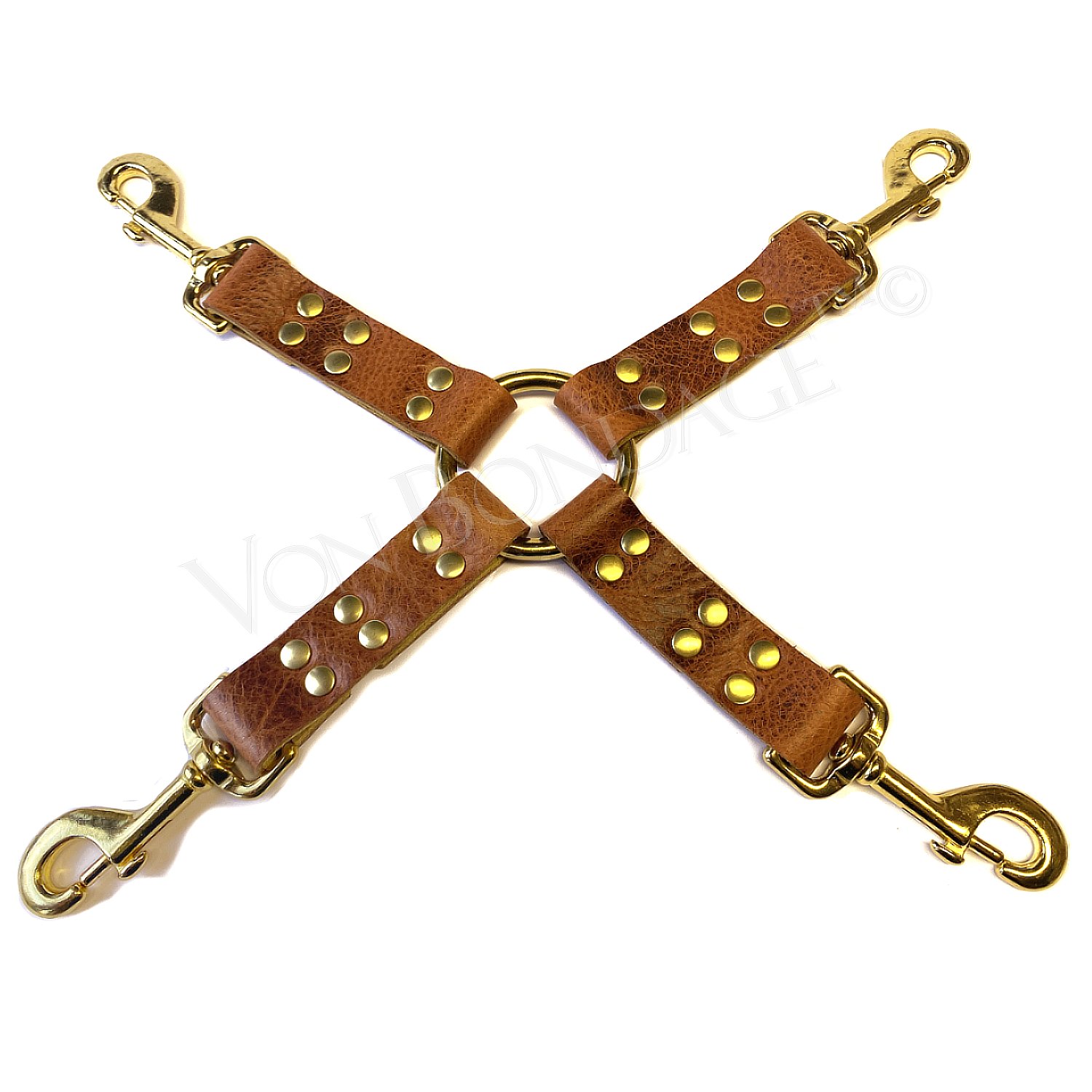 Brown Bison Leather 4-way hogtie connector in solid brass