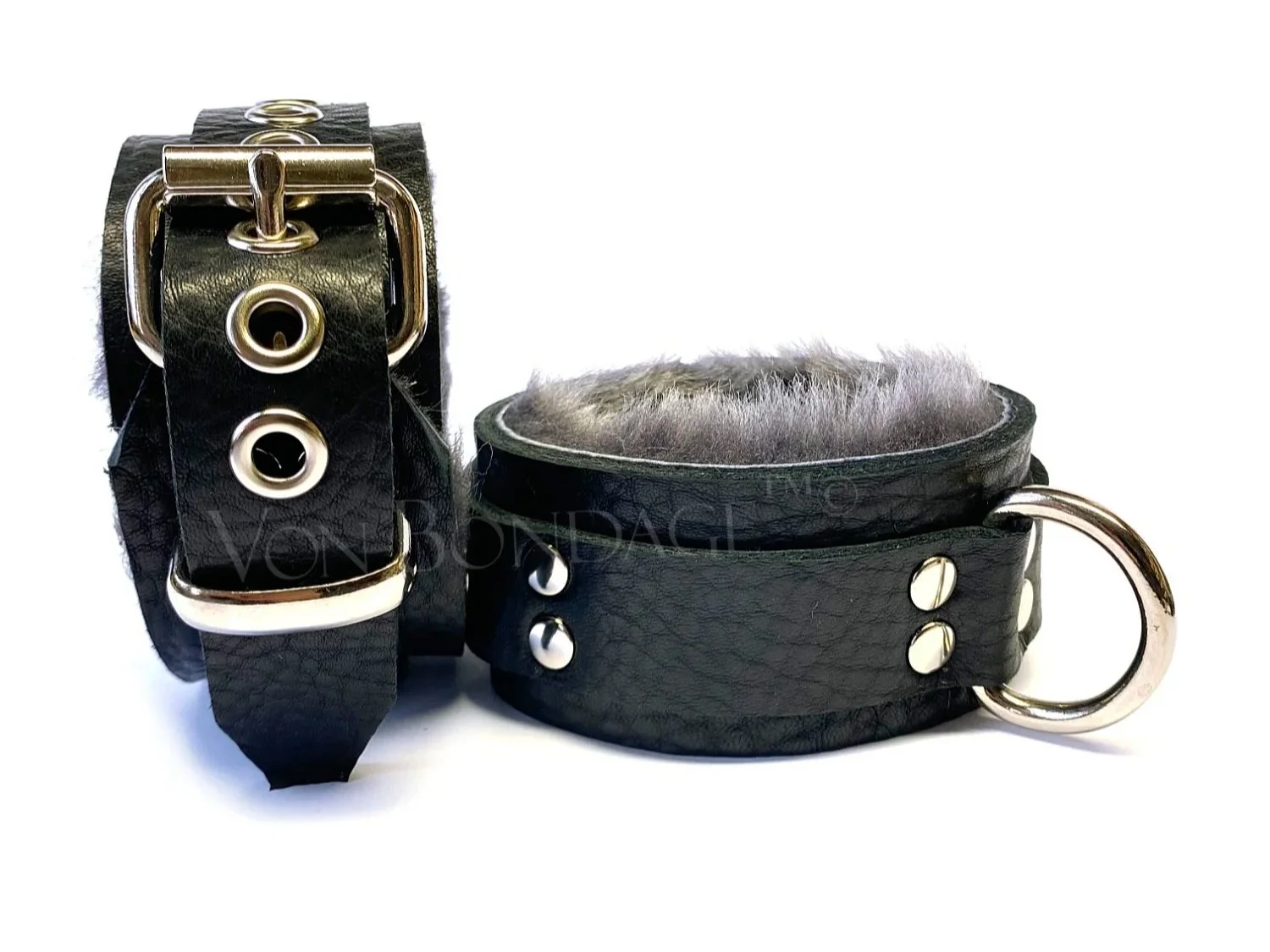 Pair of Black Bullhide Leather Restraints lined in Gray Sheepskin Fur