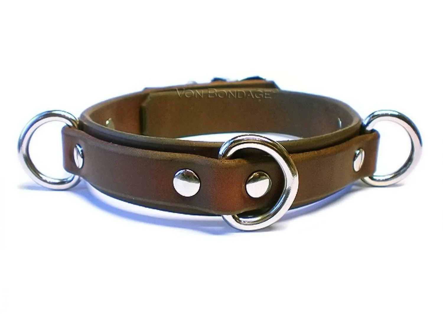 Brown Lockable Bondage Collar with 3 small dee rings
