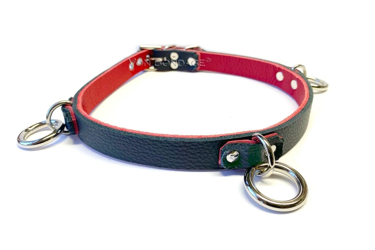Black & Red Leather Day Collar with 3 Rings