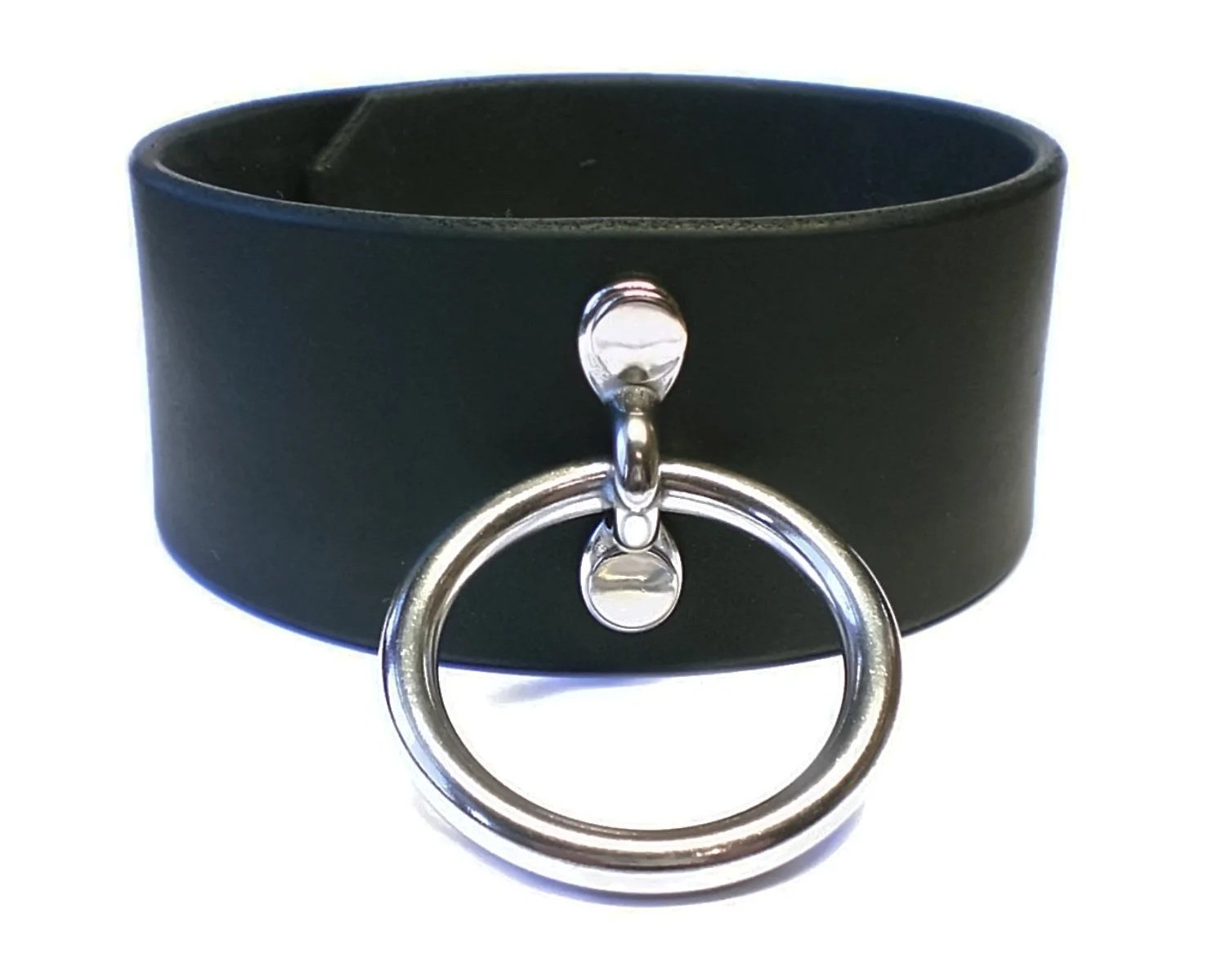 Black leather tall posture style bondage collar with 1.5 stainless steel Ring