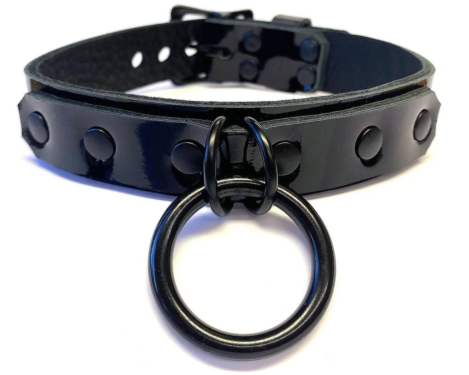 Black Patent Leather BDSM Collar with 2 black d-rings with 1.25 Black O-ring in black hardware