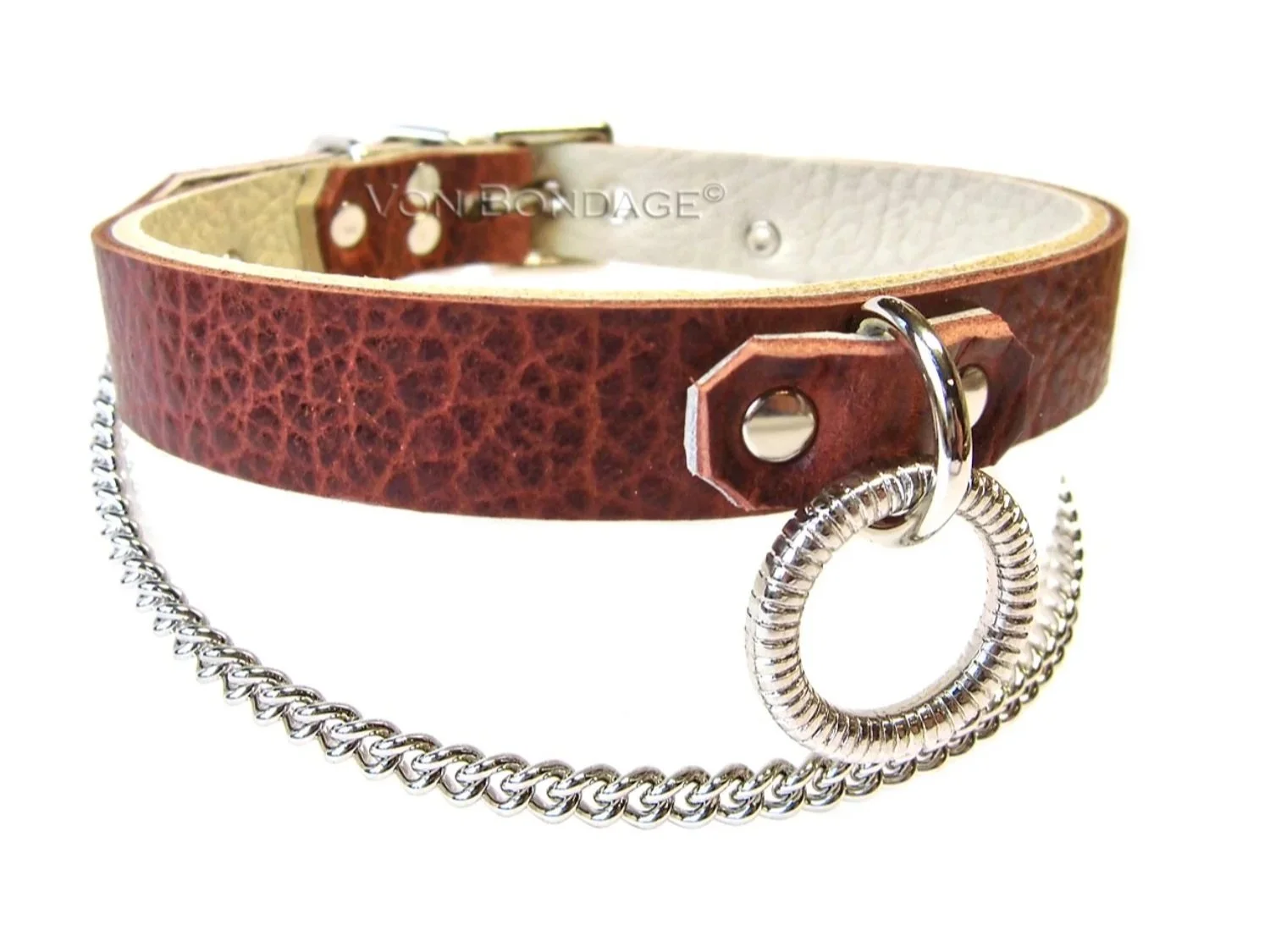 Brown & Cream Leather Lockable Collar with Ribbed Ring & Chain