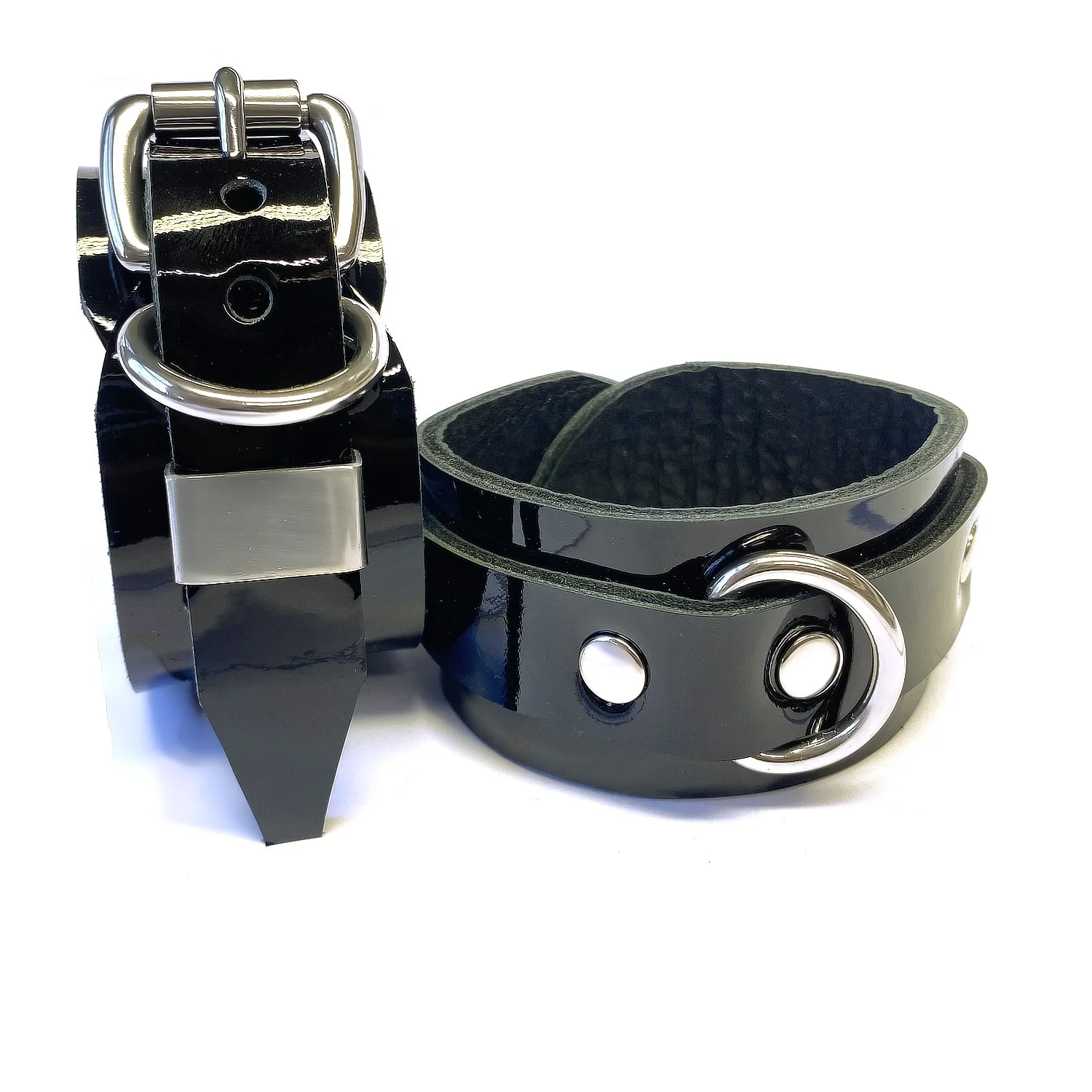 Black Patent Leather Restraints with stainless steel d-rings