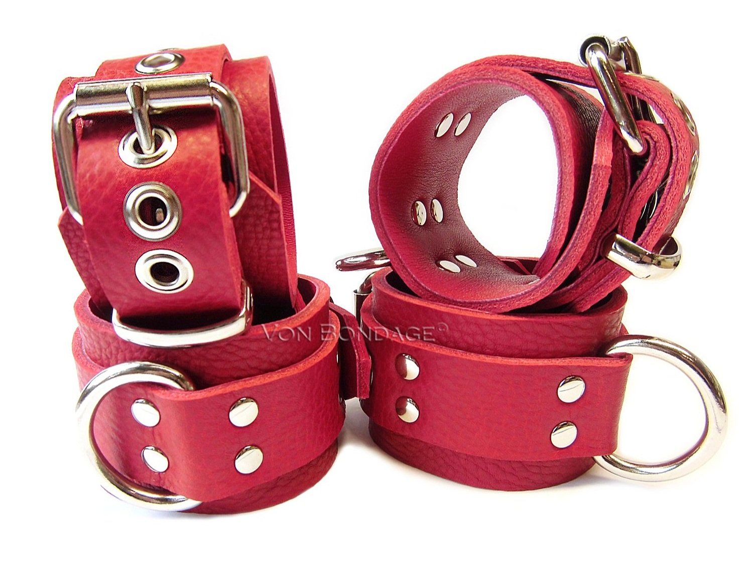 Red Leather Wrist & Ankle Bondage Restraints Set lined in red lambskin