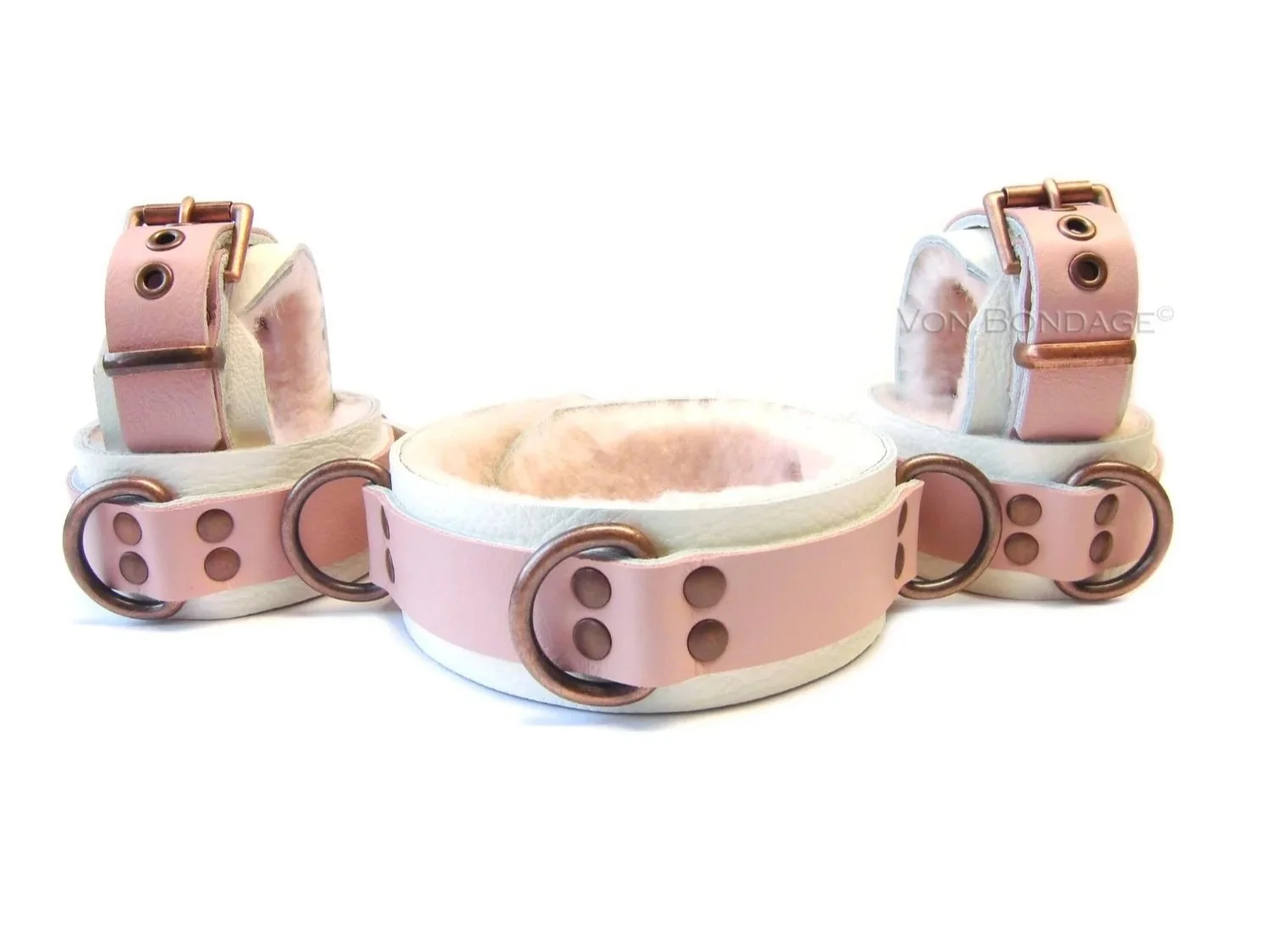 Sheepskin BDSM Restraints and Collar Set in Pink & White Leather and pink fur with copper hardware