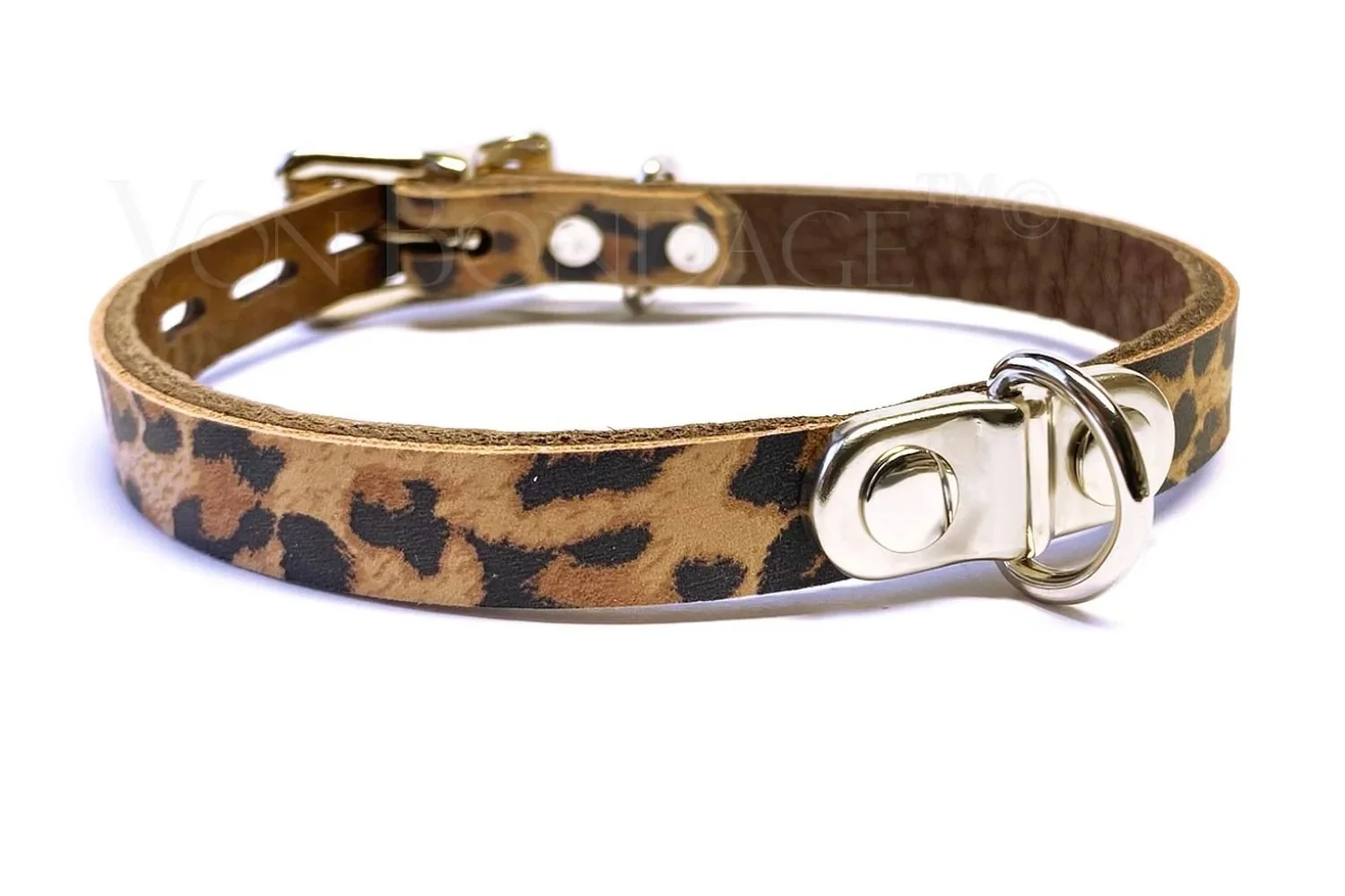 Leopard Leather Day Collar with Small Plated D-ring