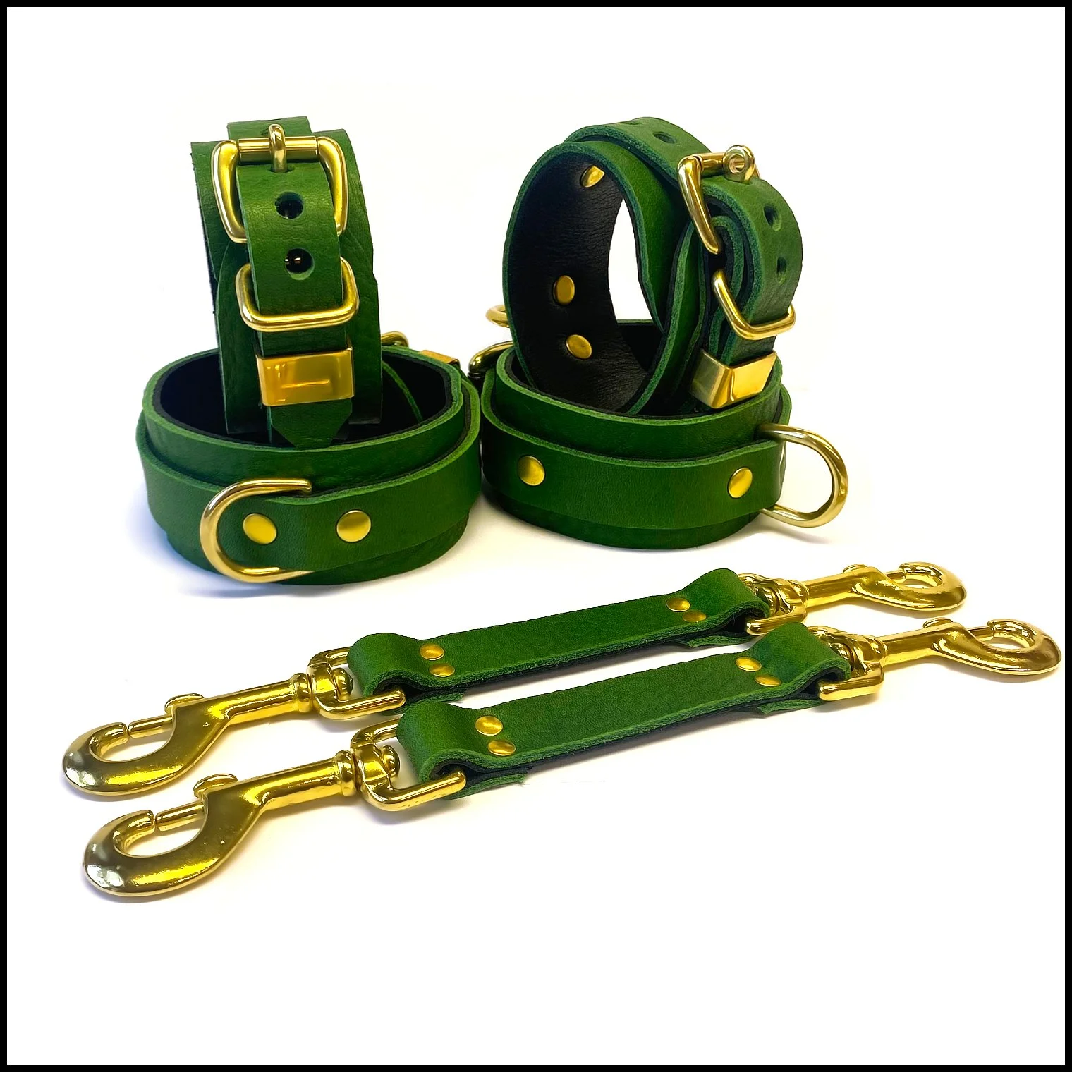 Green Leather BDSM Restraints Set with Brass Dee Rings and bondage straps in solid brass hardware