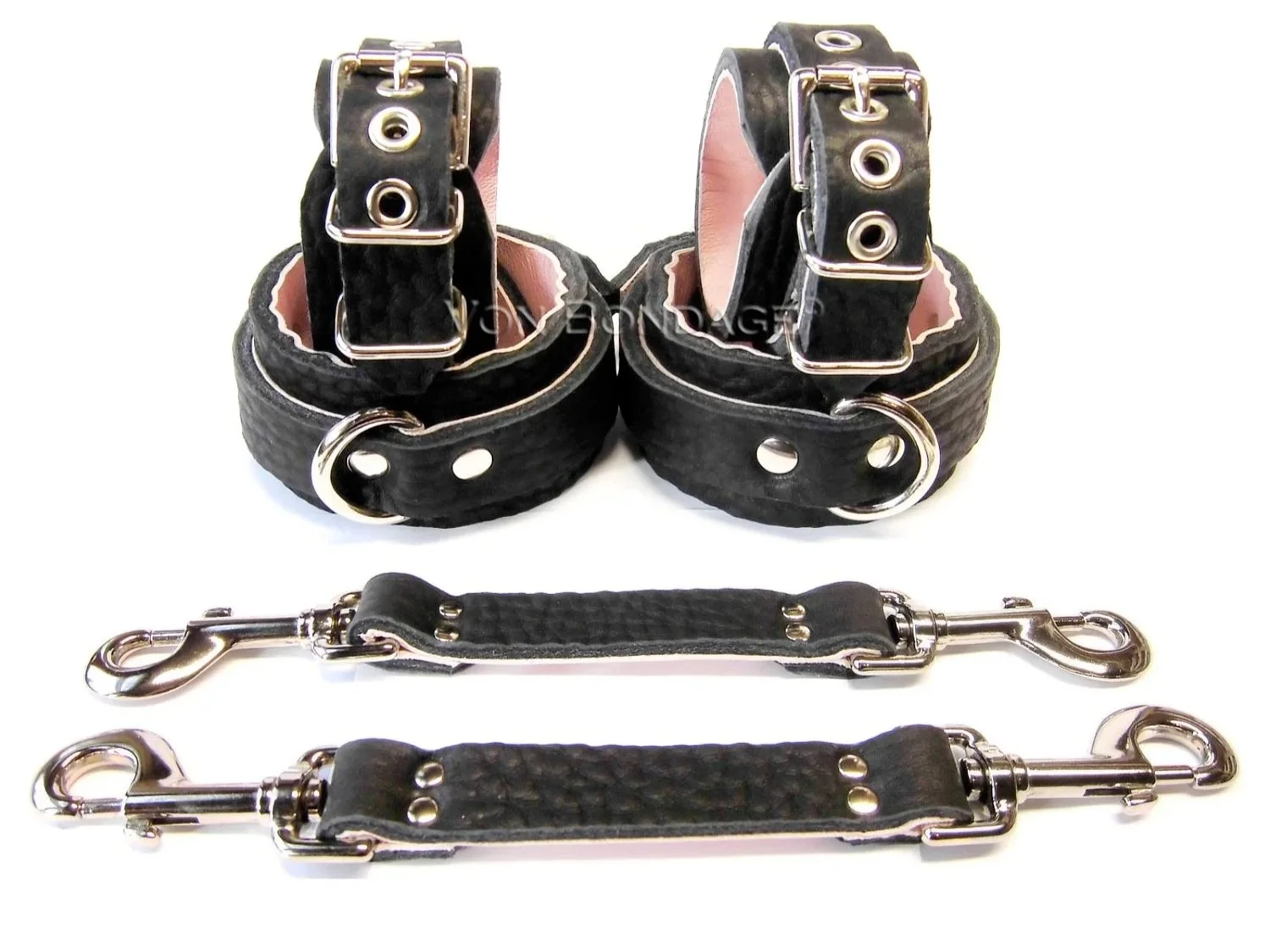 Bullhide Leather Restraints Set lined in pink lambskin with Hogtie Bondage Straps