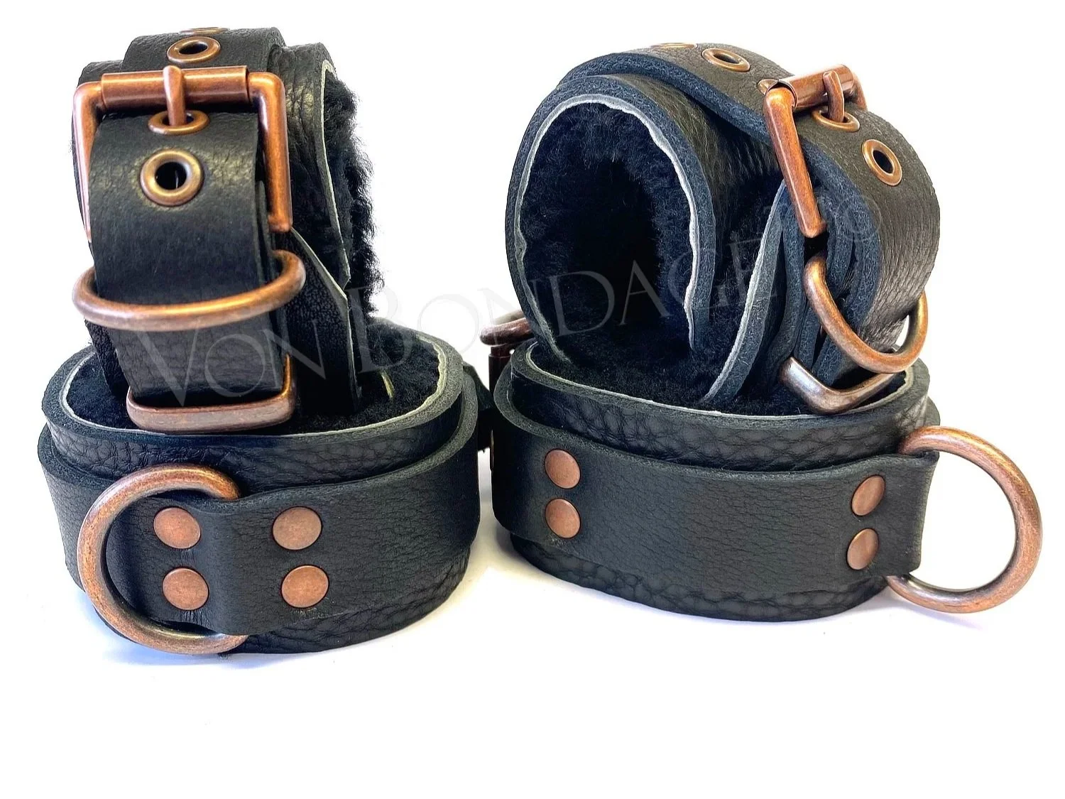 Black Bullhide Black Sheep Fur BDSM Set in Copper Hardware