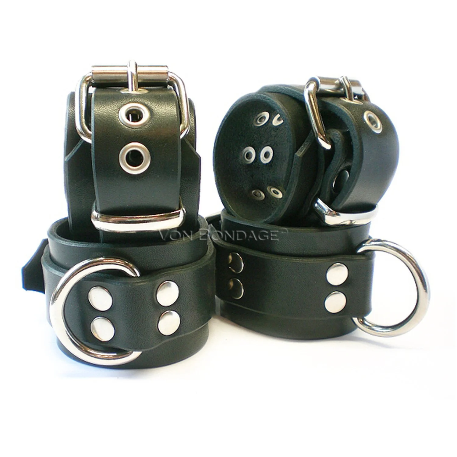 Black Leather Bondage Restraints Set with Large Dee Rings