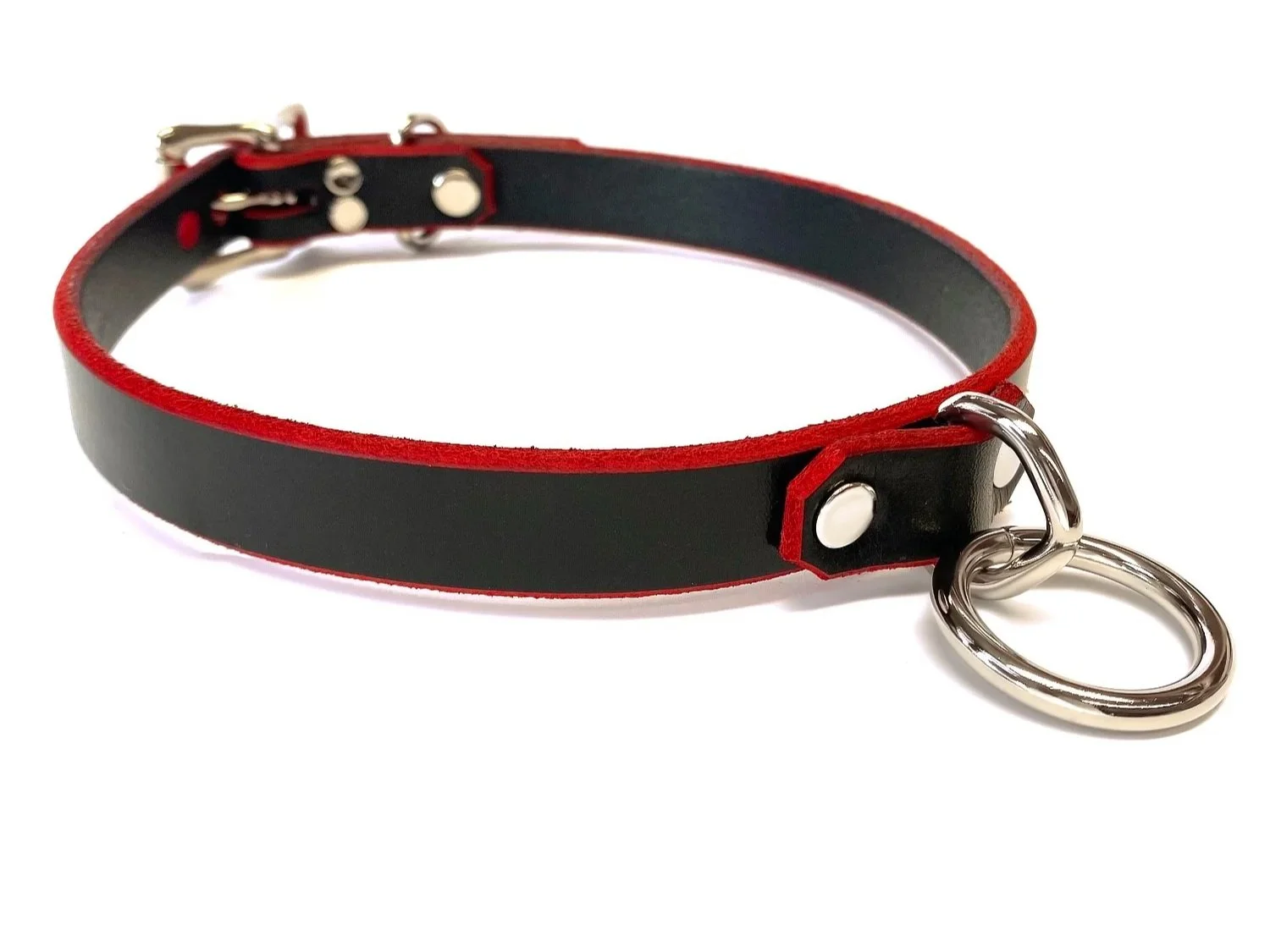 Black Leather BDSM Collar with Bondage Ring and red edges