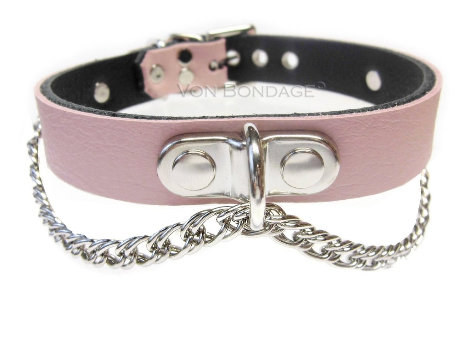 Pink Lockable Leather Collar with Dee Ring and Chain