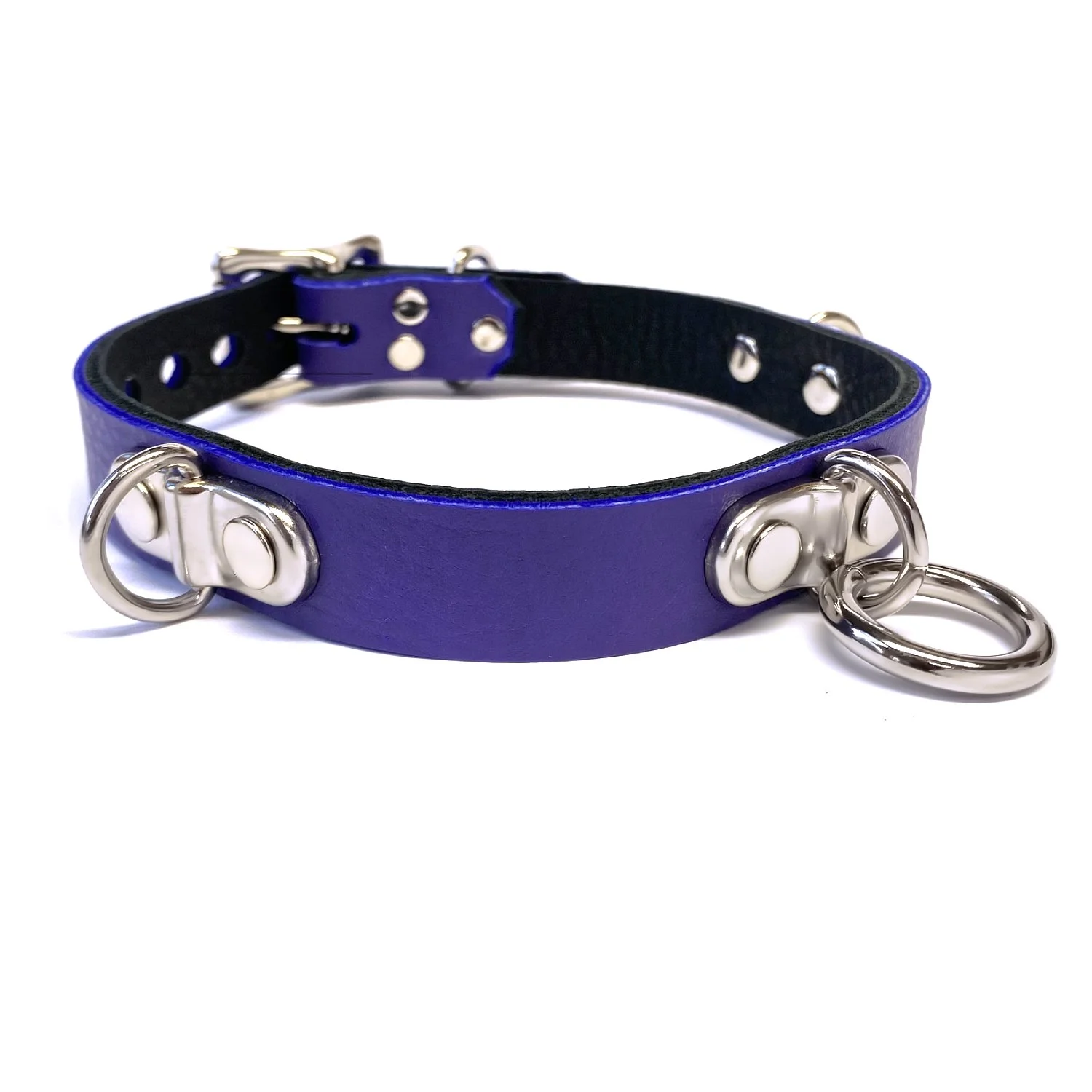 Purple Leather BDSM Collar with Plated D-rings and O-ring
