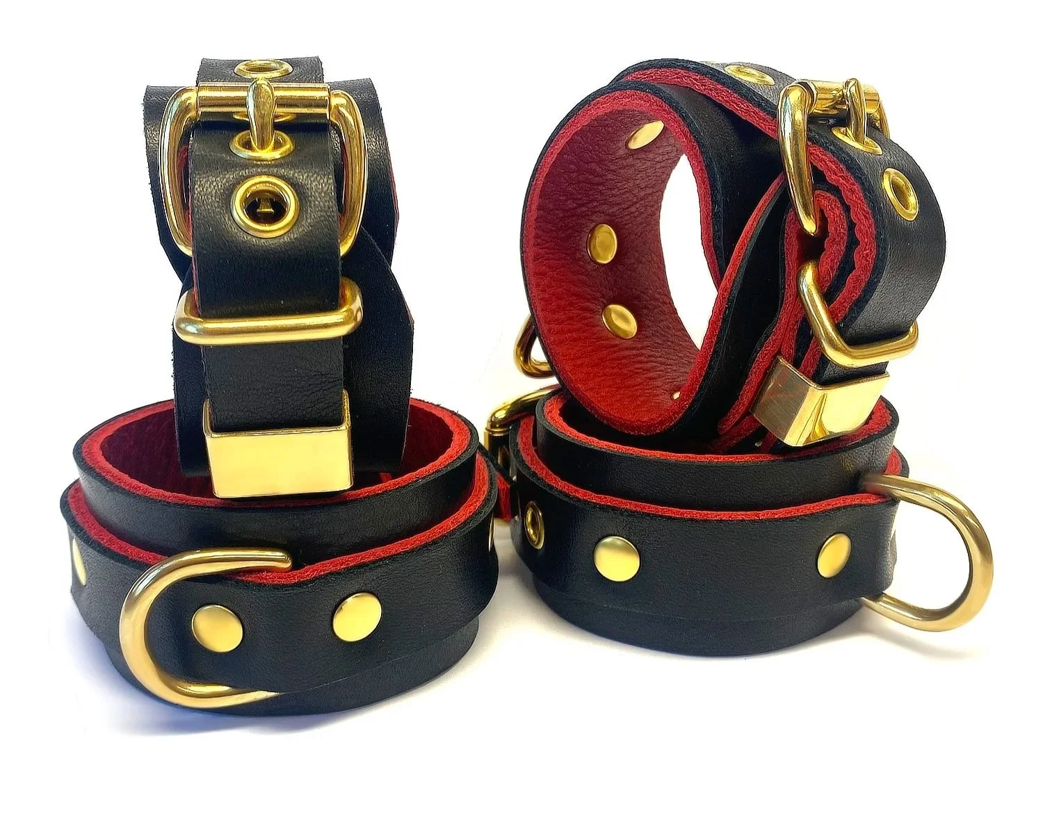 Black & Red Leather wrist and ankle restraints in brass