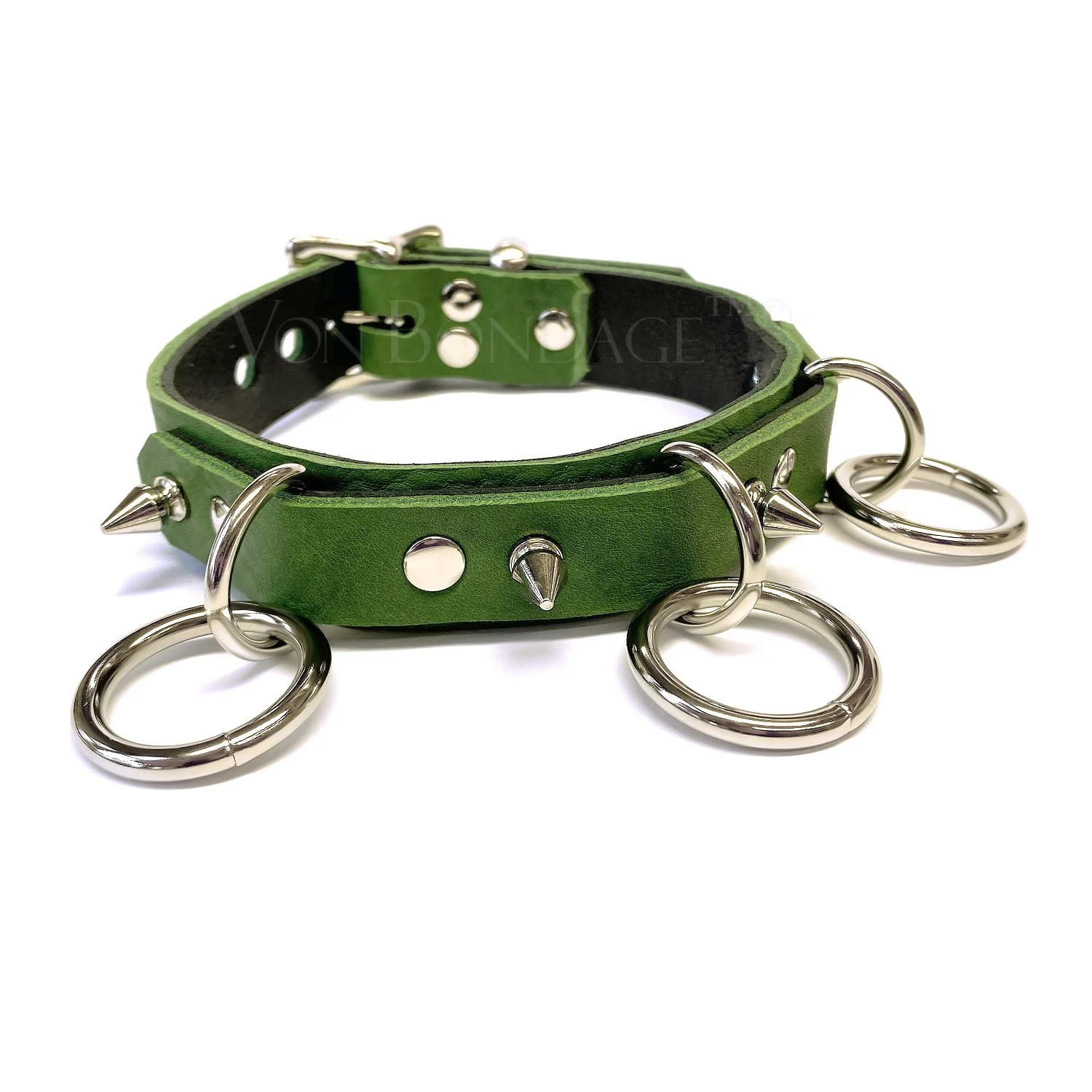 Green Leather BDSM Collar with 3 O Rings &amp; Spikes