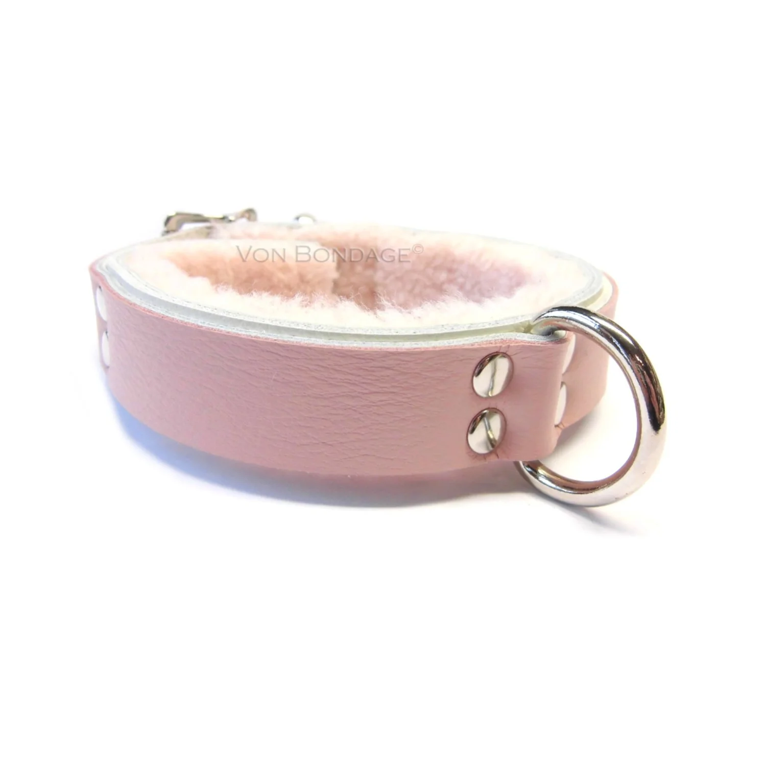 Pink Fur-lined slave Collar with Strong Dee Ring in pink and white leather