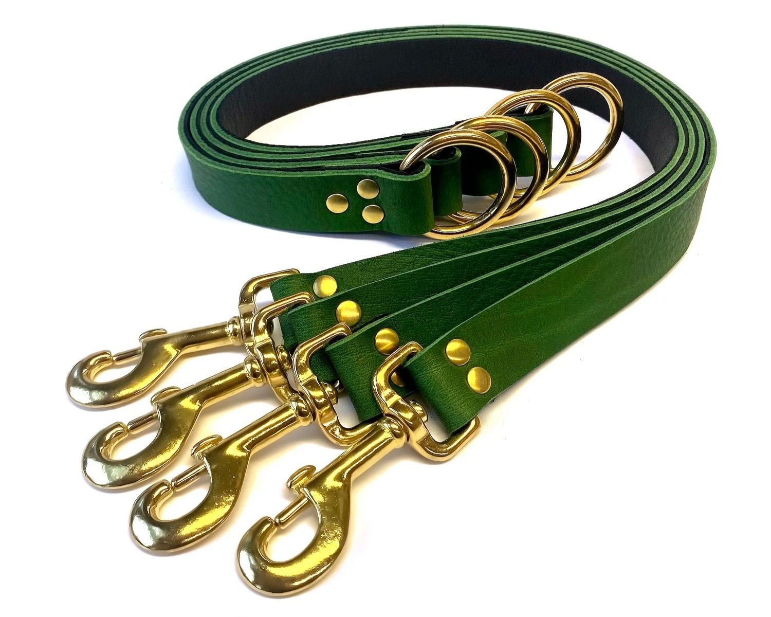 Set of 4 green leather bed restraint straps with brass bolt snaps