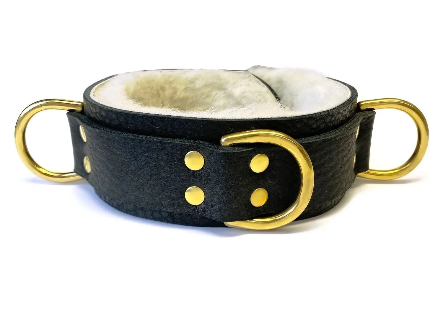 Bullhide Leather Bondage Collar lined in White Sheepskin Fur with 3 Brass D Rings