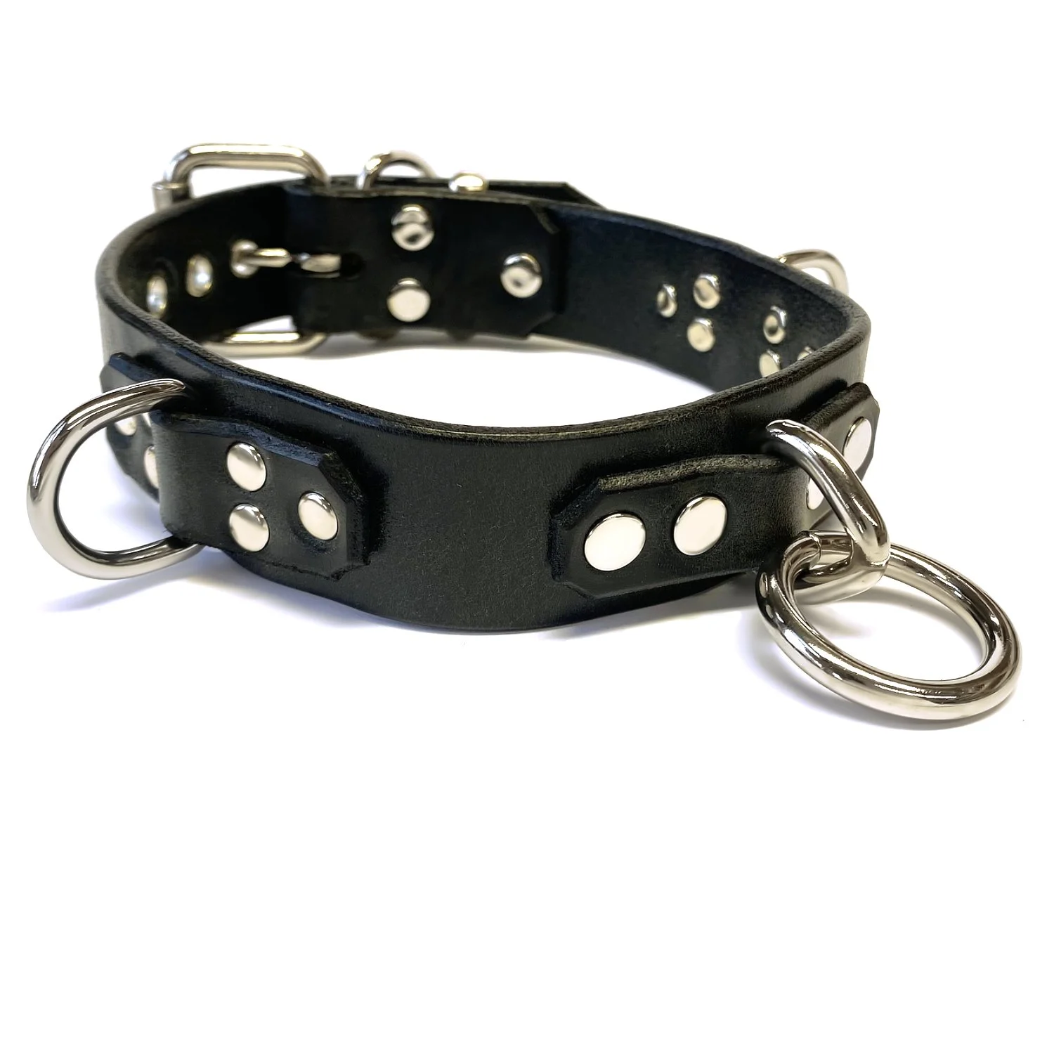 Black Leather BDSM Collar with Bondage Ring and D-rings