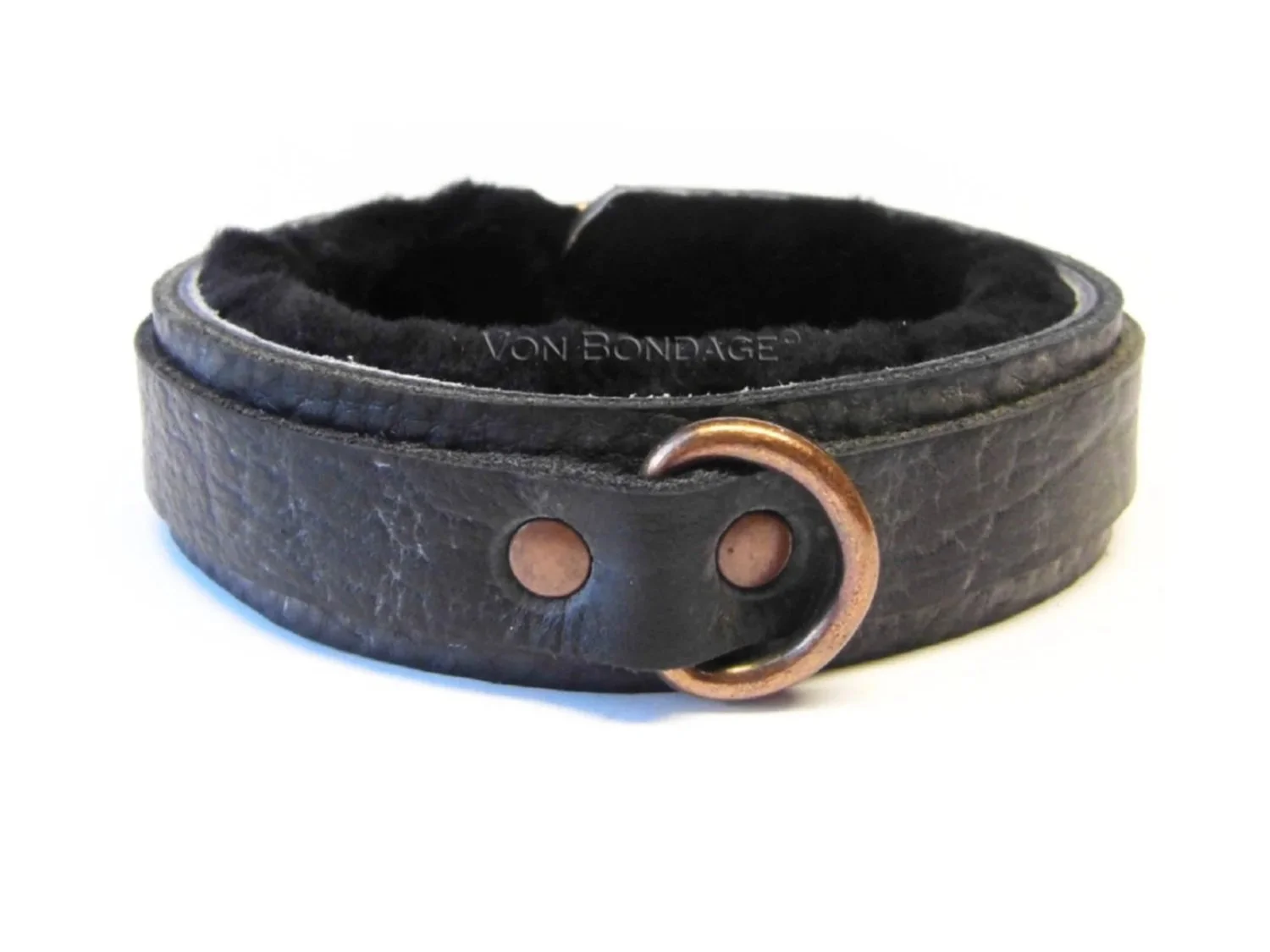 Luxury BDSM Collar lined in soft black sheepskin fur with a copper d ring in front