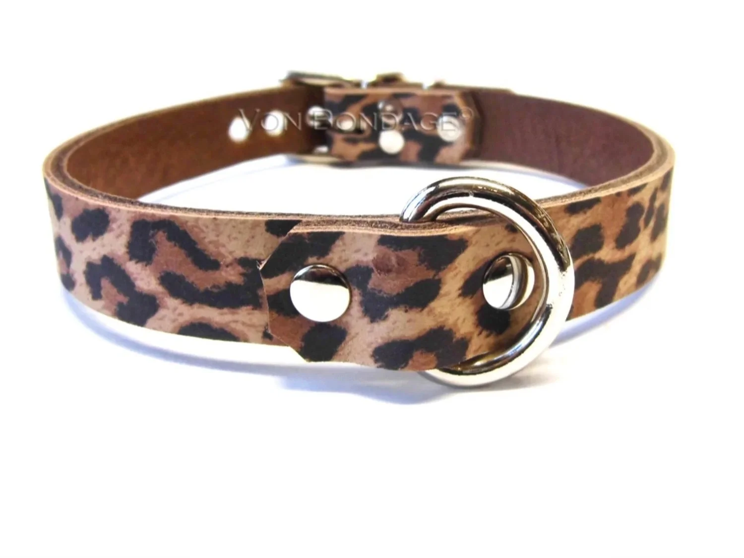 Leopard Print Leather BDSM Choker with D-ring