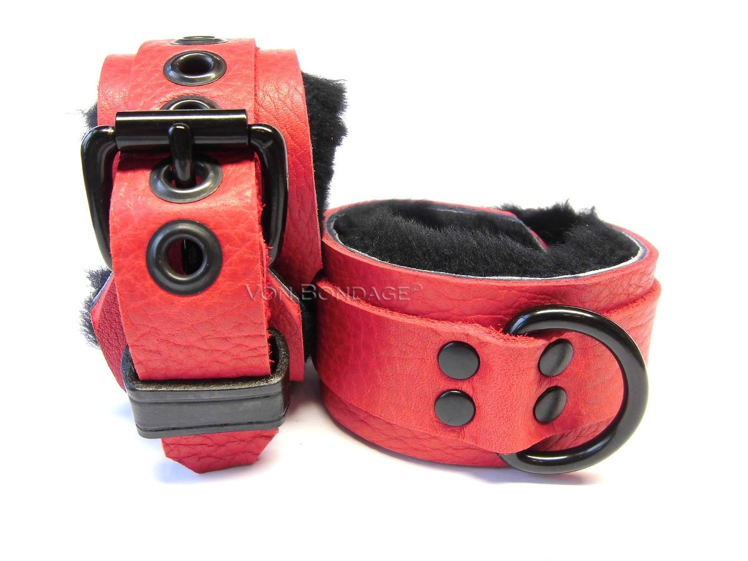 Red & Black Sheepskin BDSM Restraints with Black Dee Rings