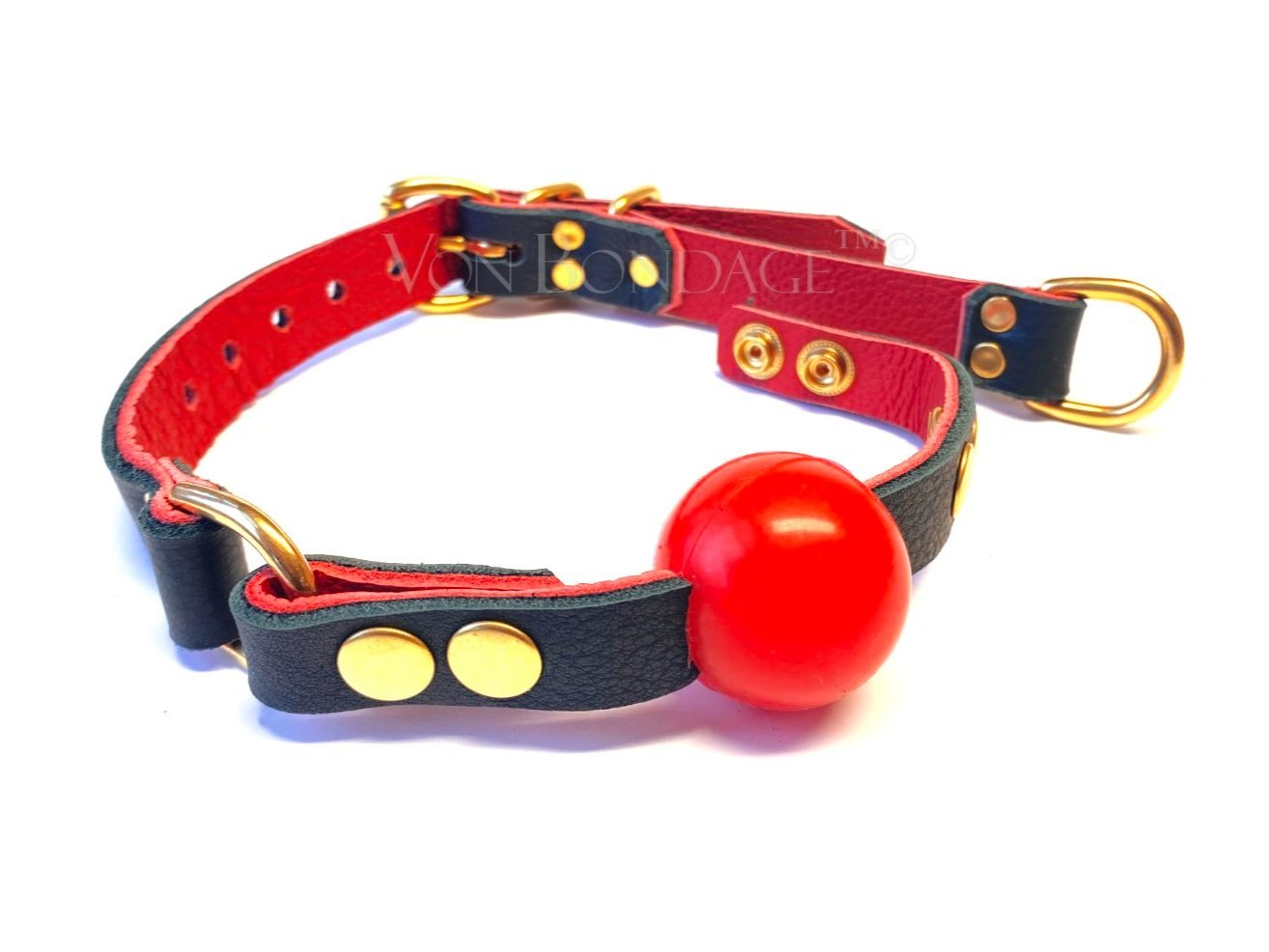 Black and Red Leather Silicone Ball Gag in Solid Brass