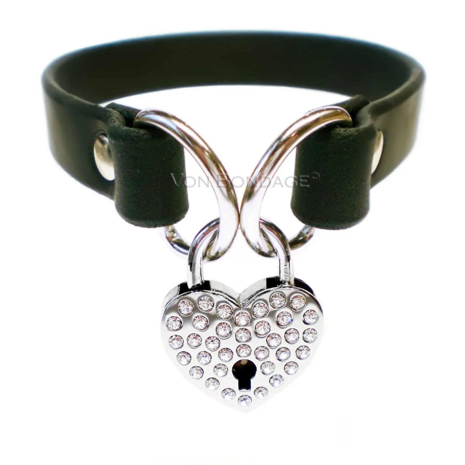 .75 Black Latigo Leather slave choker with large rhinestone heart padlock.jpg
