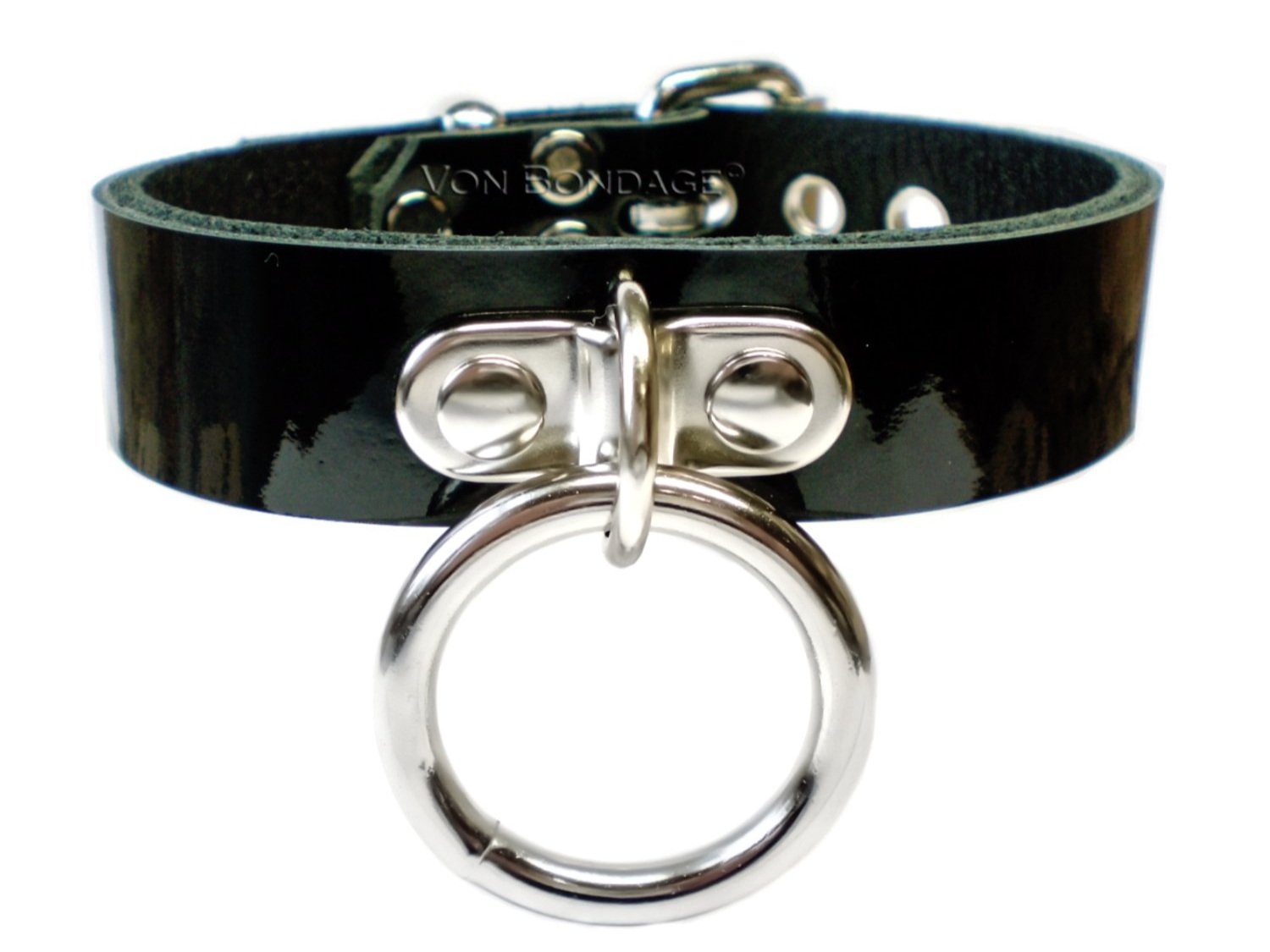 Lockable BDSM Collar in Black Patent Leather with Ring