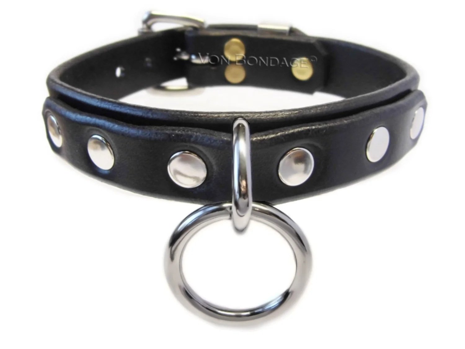 Black leather bdsm collar with sturdy small stainless steel D&O ring