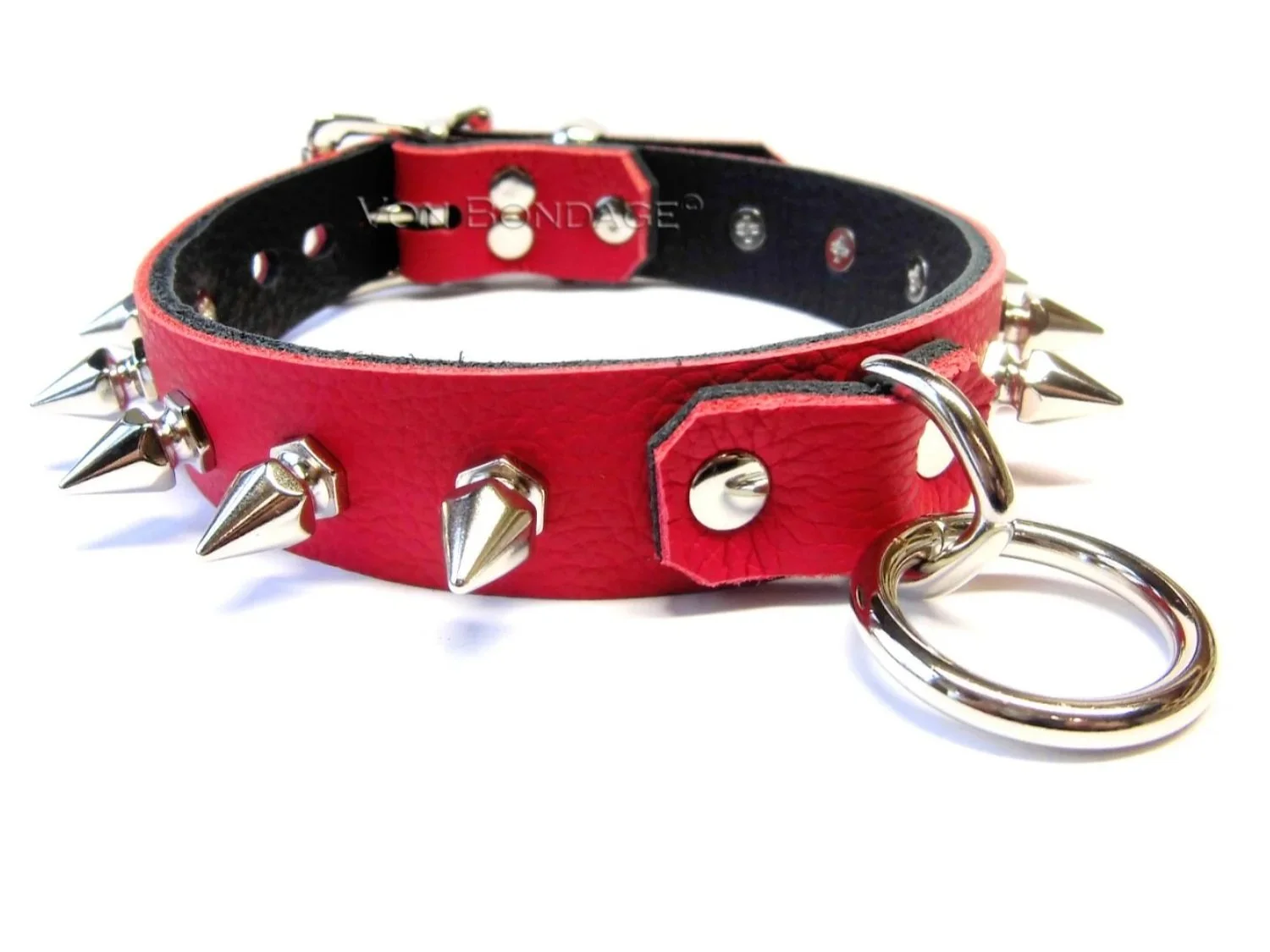 Red Spiked Leather Kink Collar with Bondage Ring