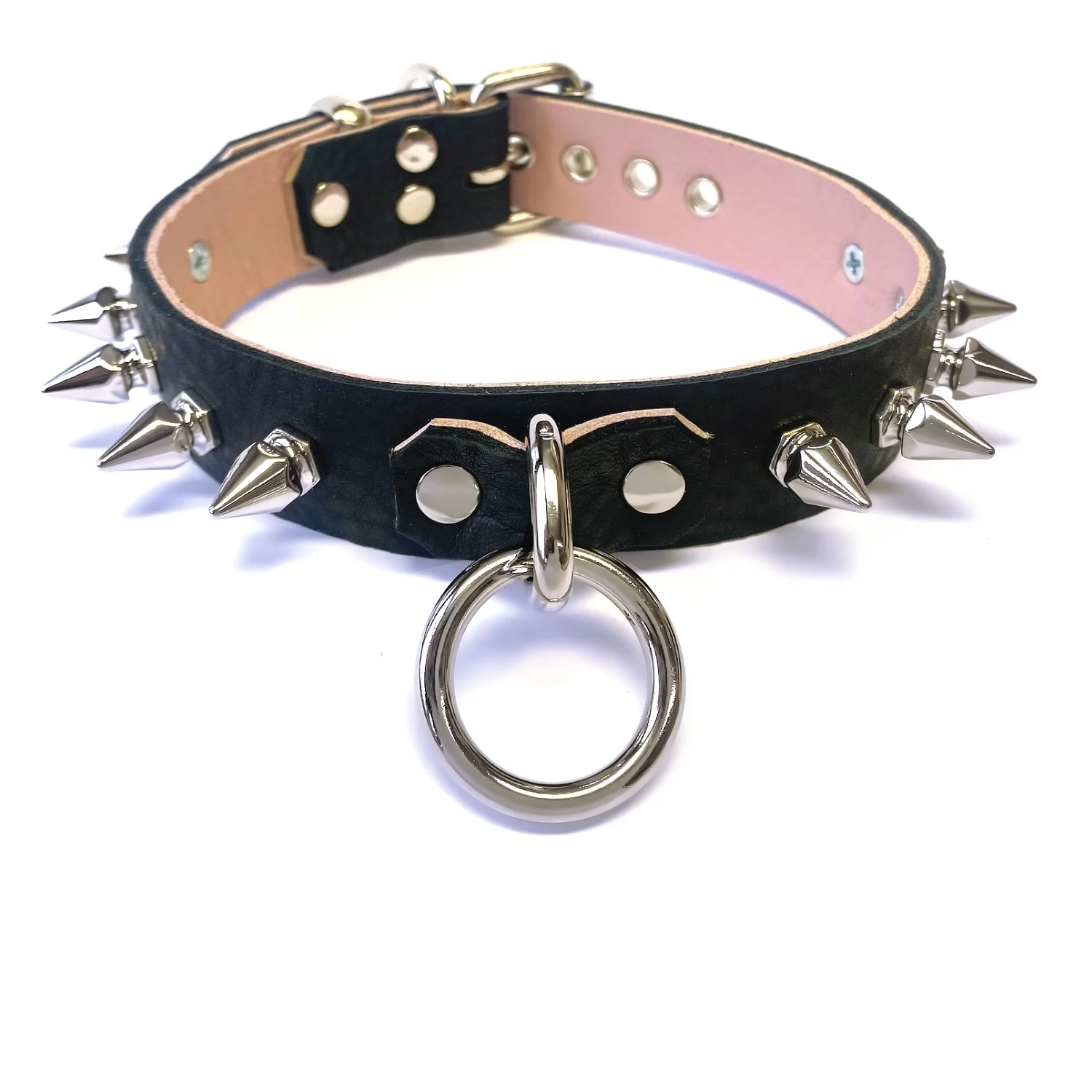1 Black & Pink Leather Spiked Collar with Bondage Ring.jpg
