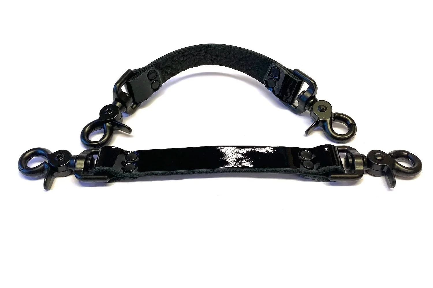 Pair of Black Patent Leather Bondage Straps with Black scissor clips