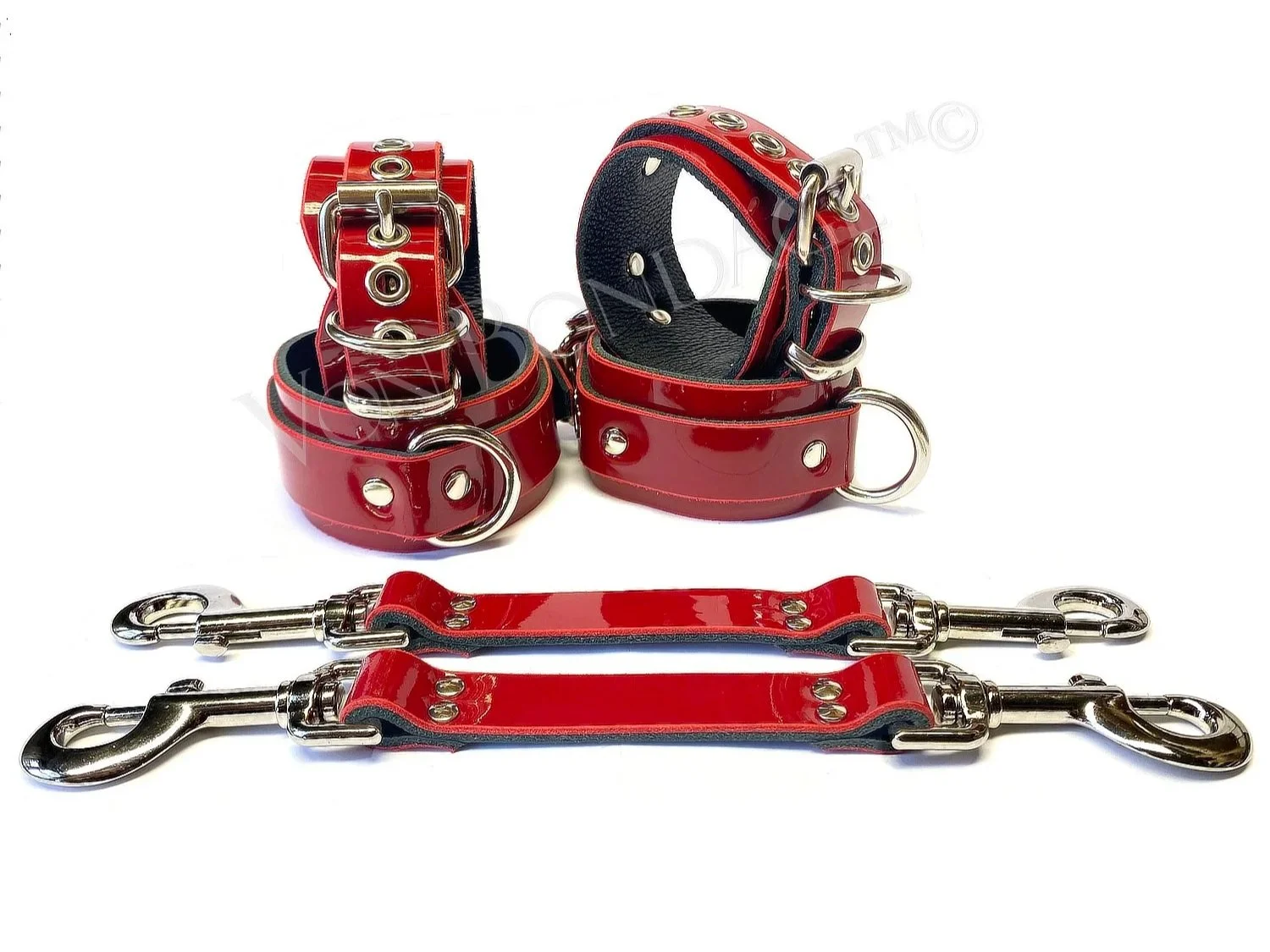 Red Patent Leather BDSM Restraints Set with Pair of Hogtie Straps