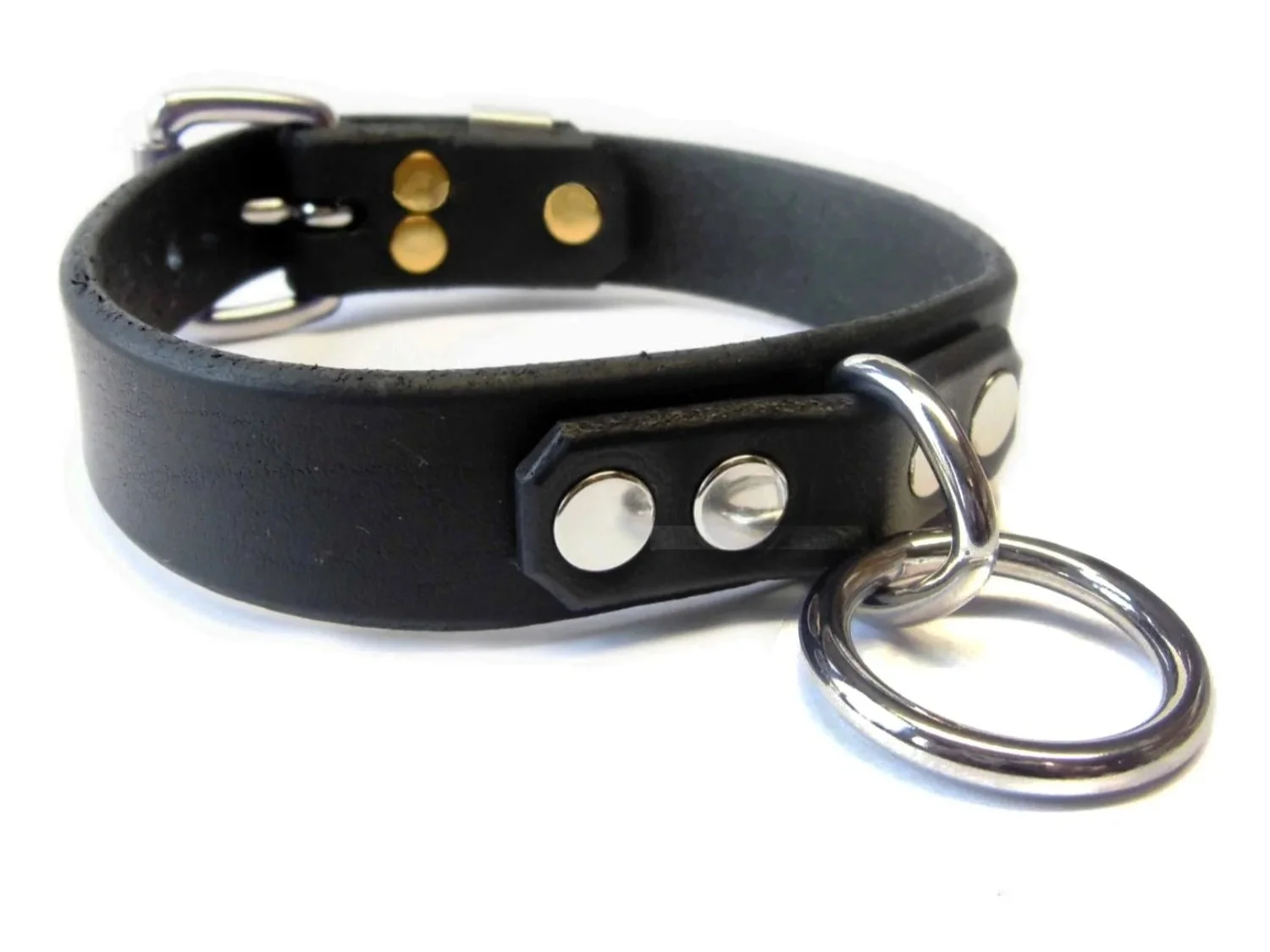 Black leather bdsm collar with small stainless steel bondage ring