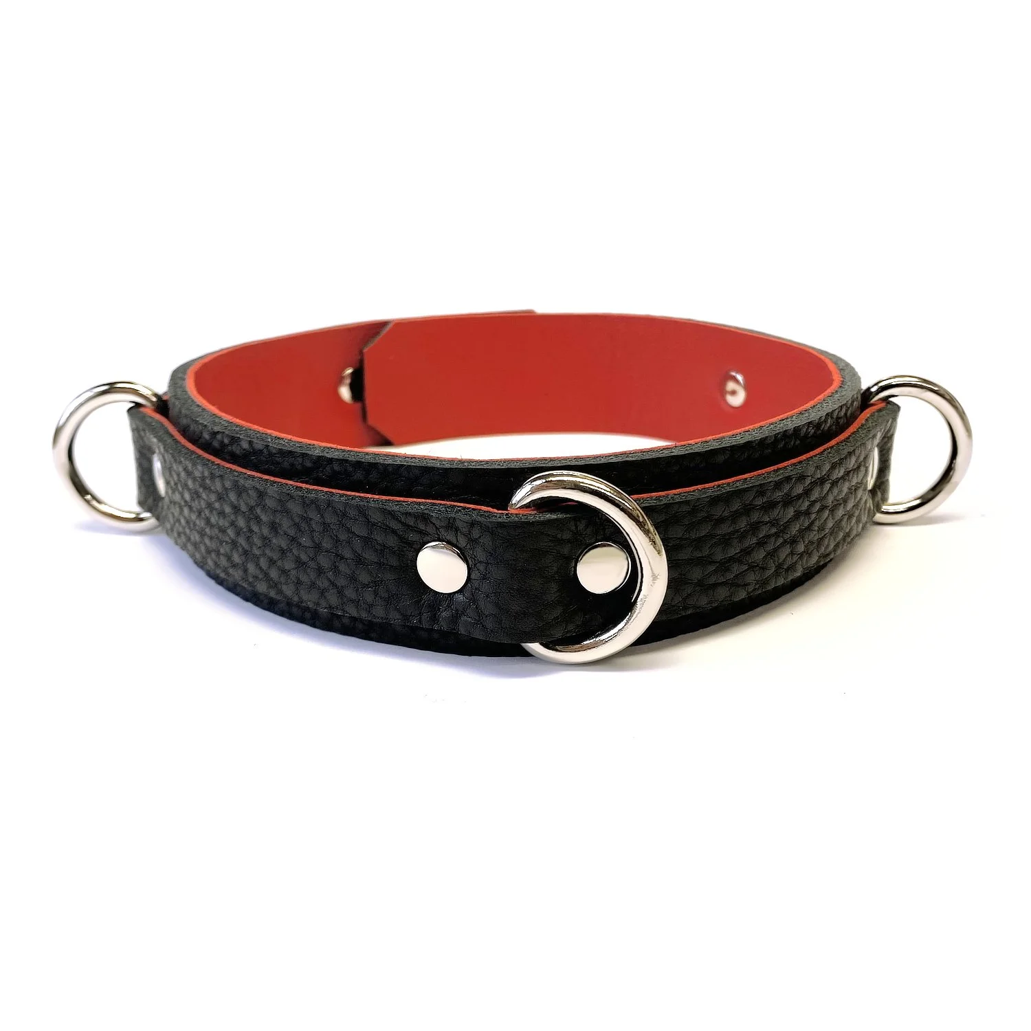 Black Leather BDSM Collar lined in Red Lambskin with 3 D-rings