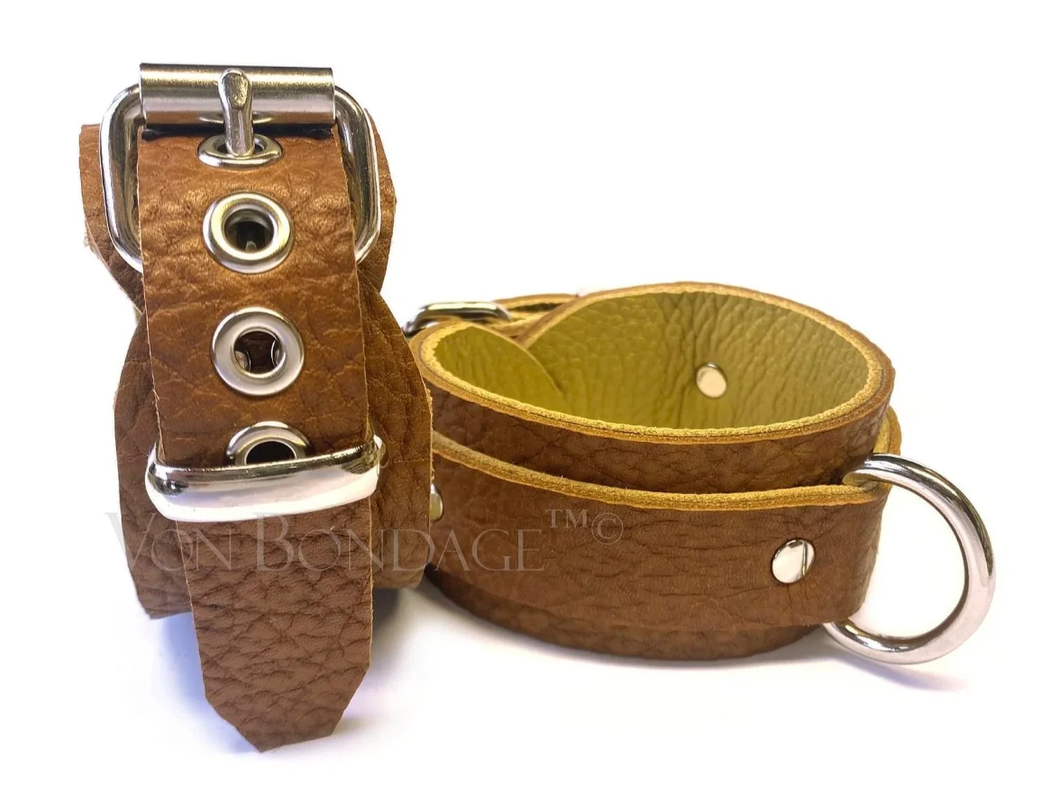 Pair of Brown Bullhide Leather BDSM Restraints for wrists or ankles