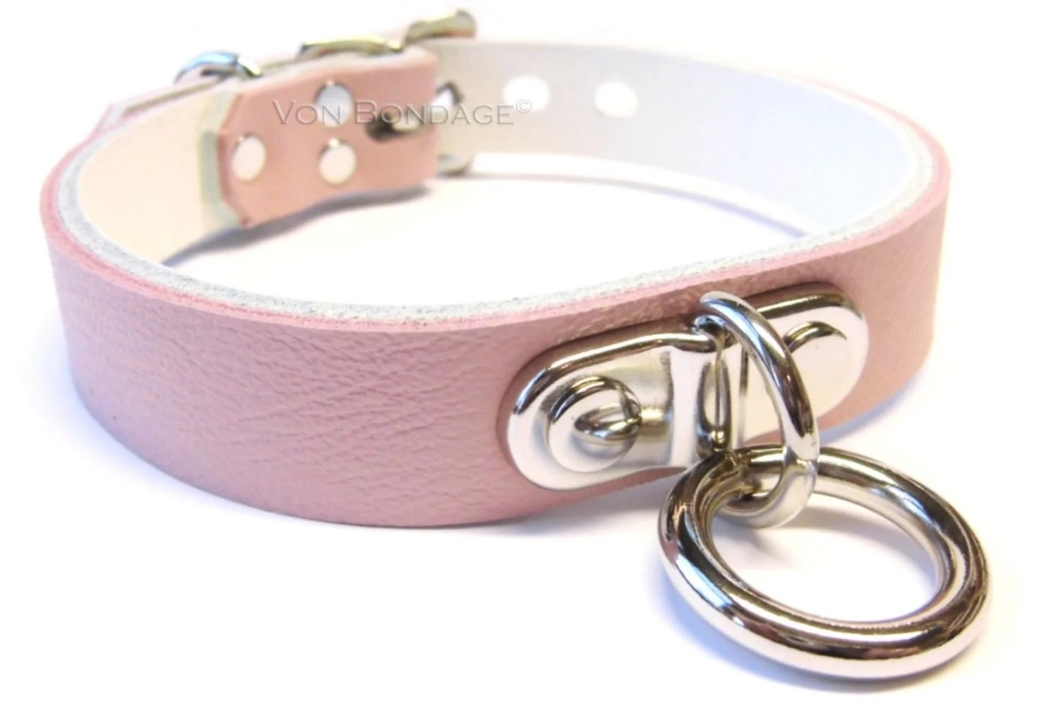 Pink and White Leather BDSM Collar with Plated Ring